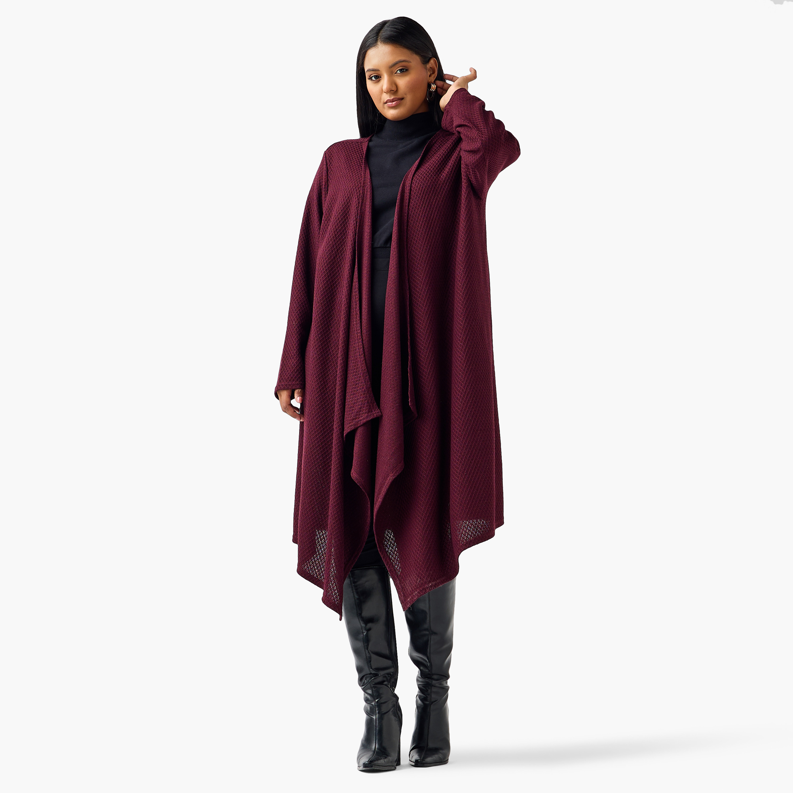 Ulla Popken Relaxed Fit Longline Textured Cardigan-women-winterwear-cardigansandjumpers-cardigans-image-2