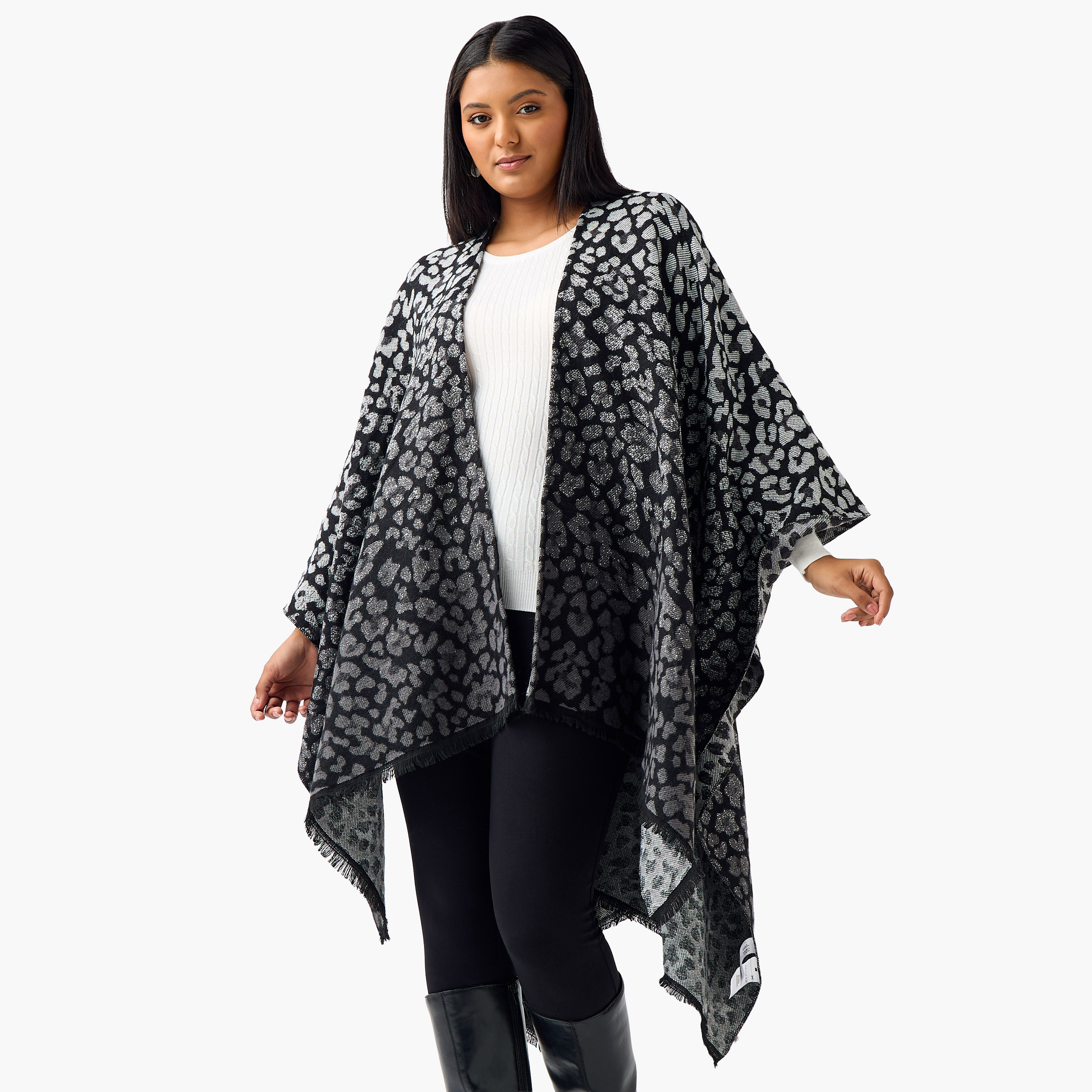 Ulla Popken Relaxed Fit Fringe Accent Poncho-women-winterwear-cardigansandjumpers-cardigans-image-1