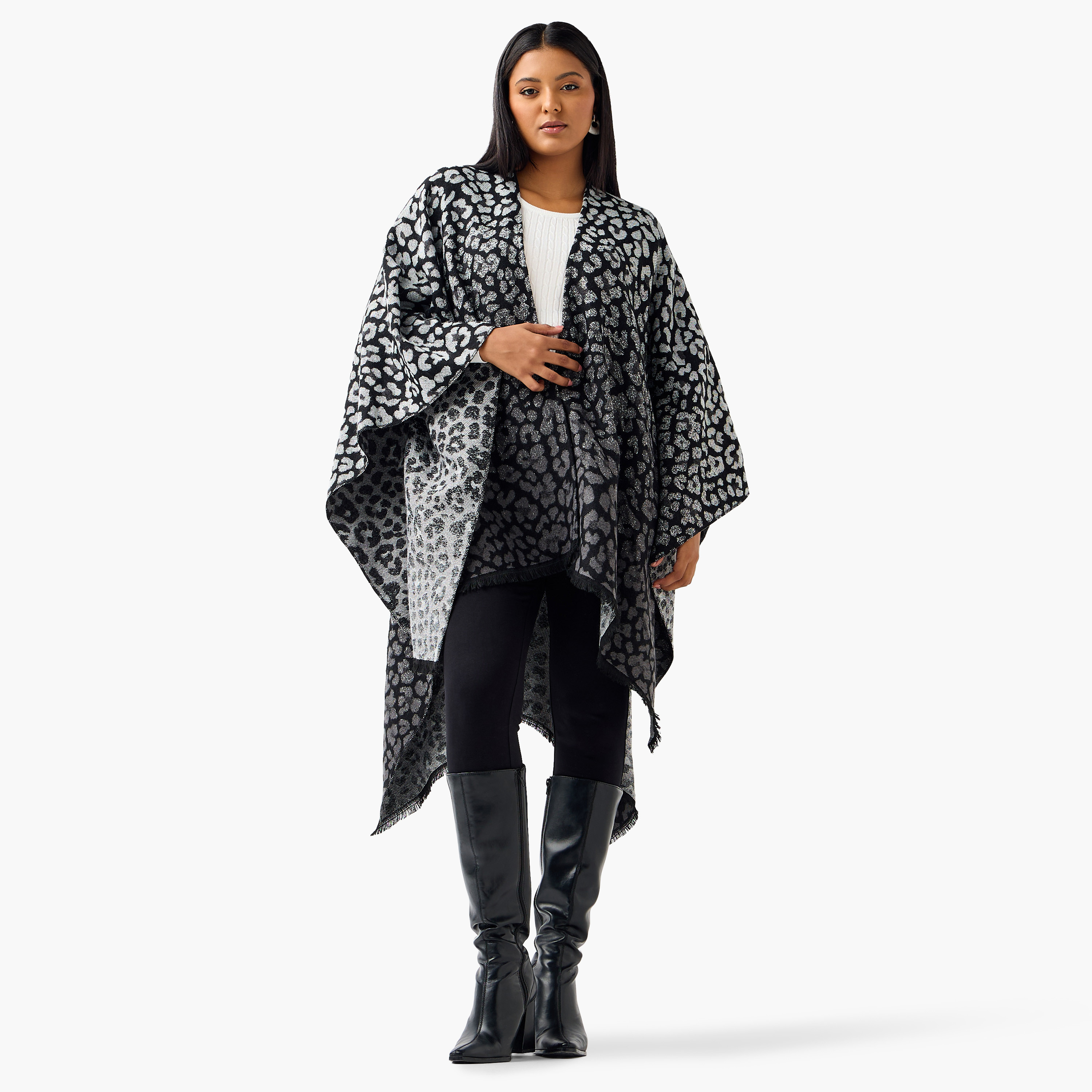 Ulla Popken Relaxed Fit Fringe Accent Poncho-women-winterwear-cardigansandjumpers-cardigans-image-2