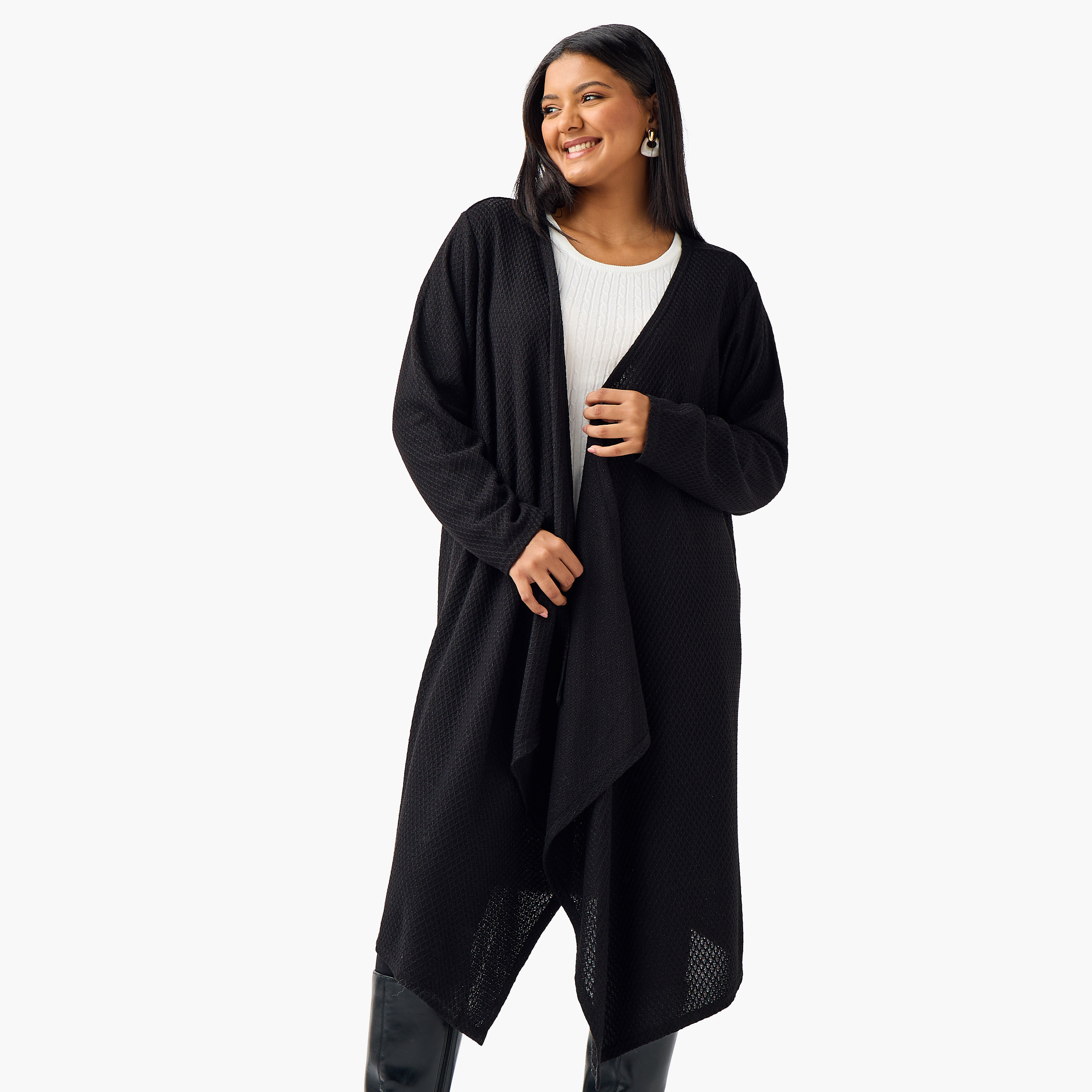 Ulla Popken Relaxed Fit Longline Textured Cardigan-women-winterwear-cardigansandjumpers-cardigans-image-1