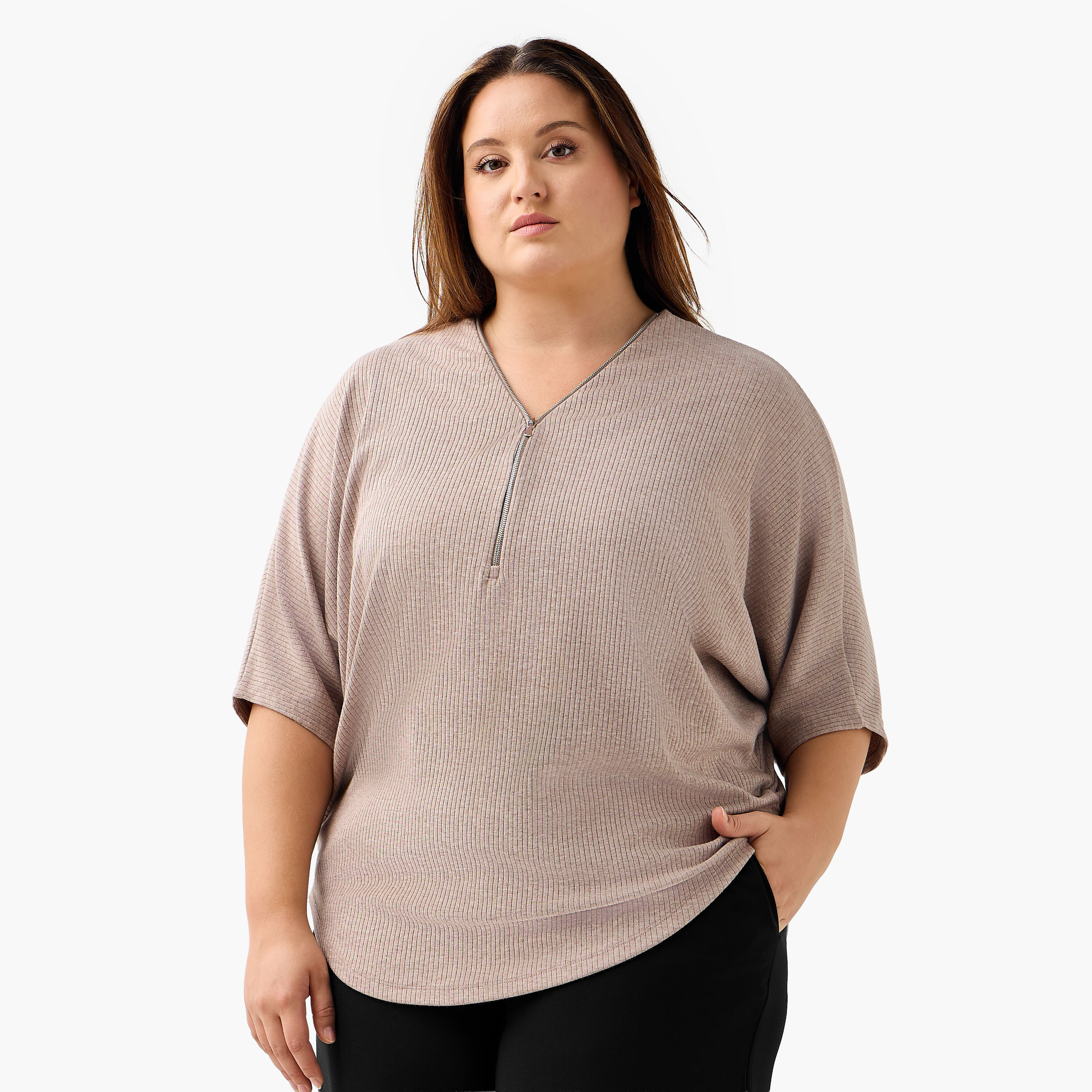 Ulla Popken T-shirt Relaxed Fit with Ribbed Detail-women-clothing-tshirts-image-1