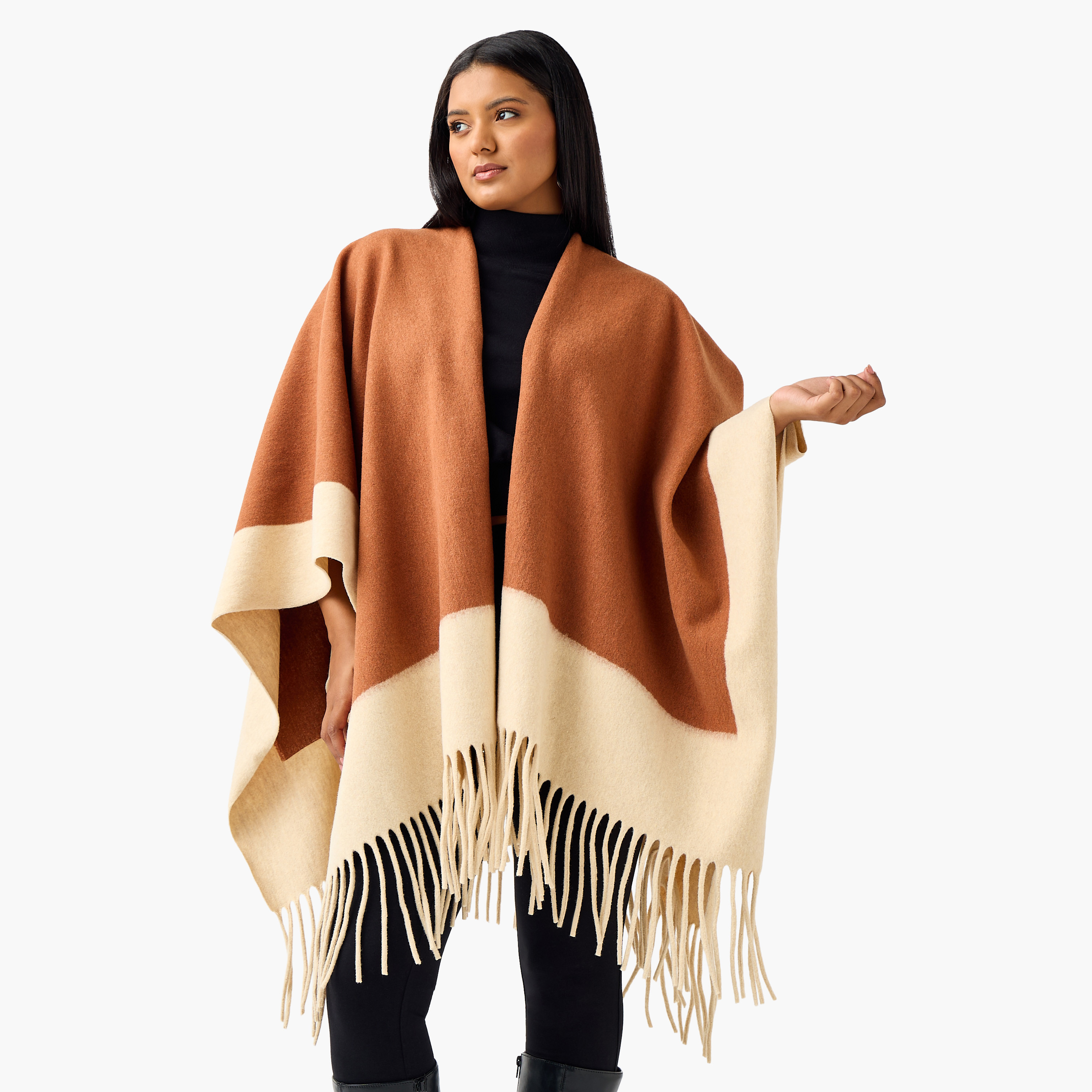 Ulla Popken Relaxed Fit Fringe Accent Poncho-women-winterwear-cardigansandjumpers-cardigans-image-1