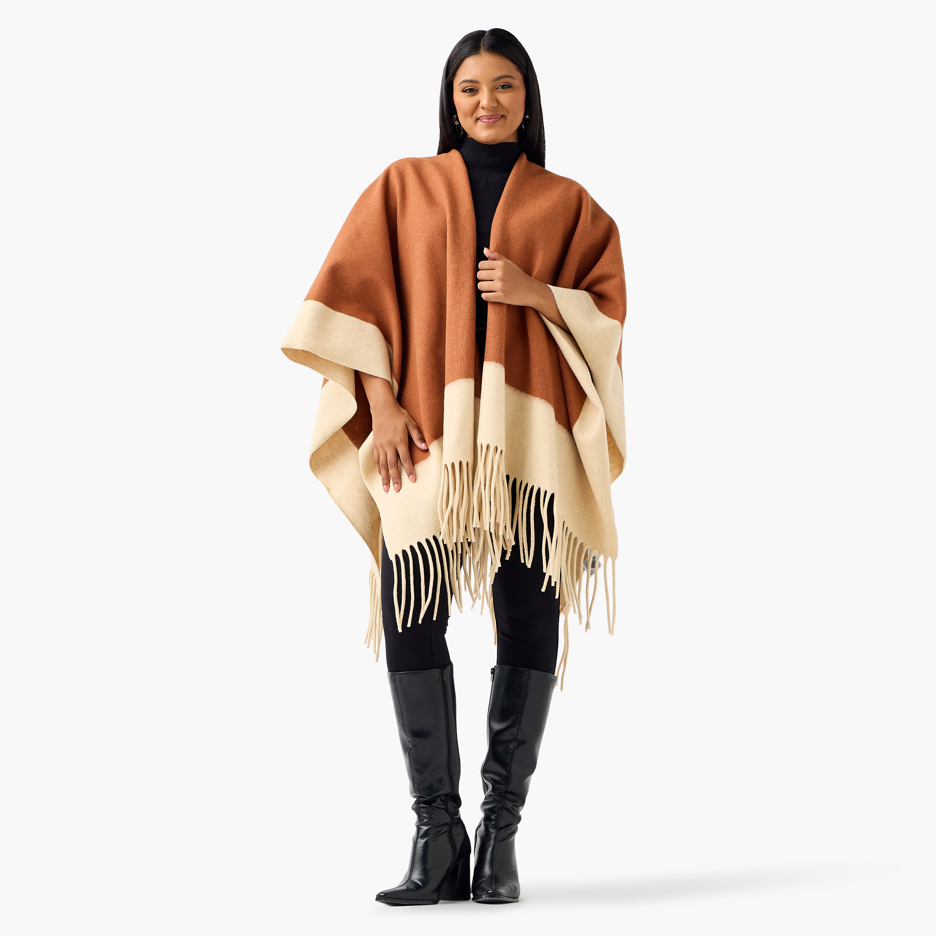 Ulla Popken Relaxed Fit Fringe Accent Poncho-women-winterwear-cardigansandjumpers-cardigans-image-2