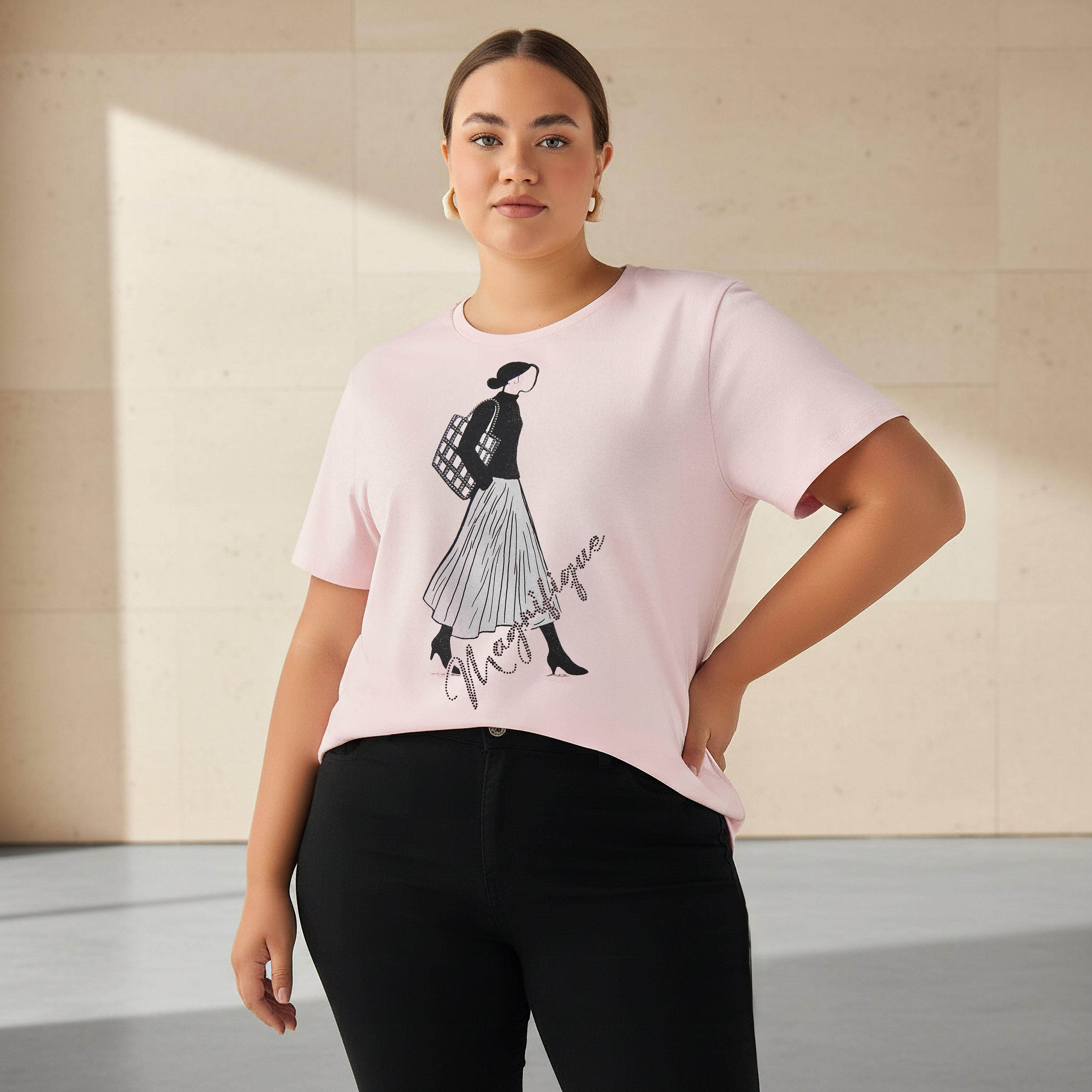 Ulla Popken Relaxed Fit Cotton T-shirt with Graphic Print-women-clothing-tshirts-image-1