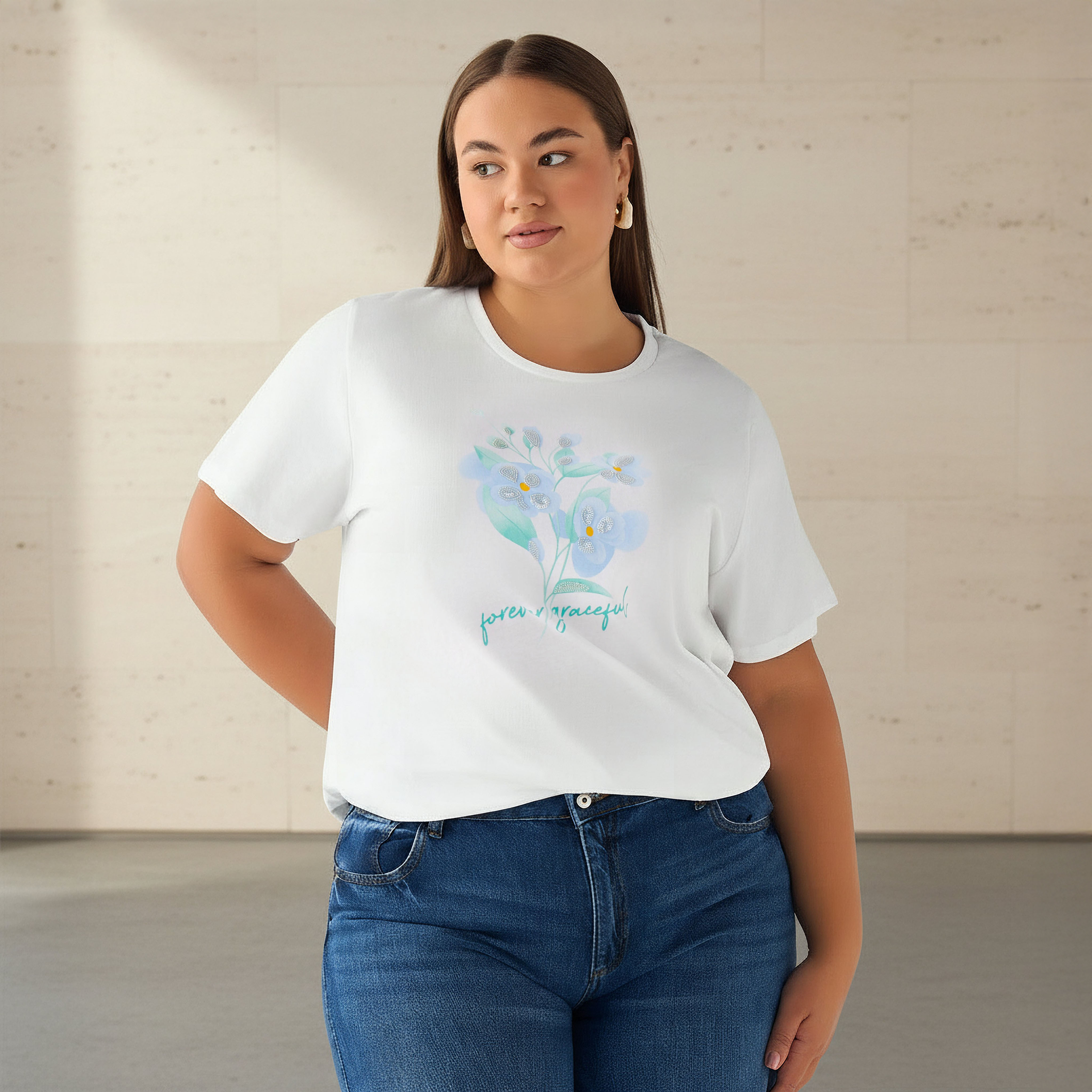 Ulla Popken Regular Fit Cotton T-shirt with Floral Sequins-women-clothing-tshirts-image-1