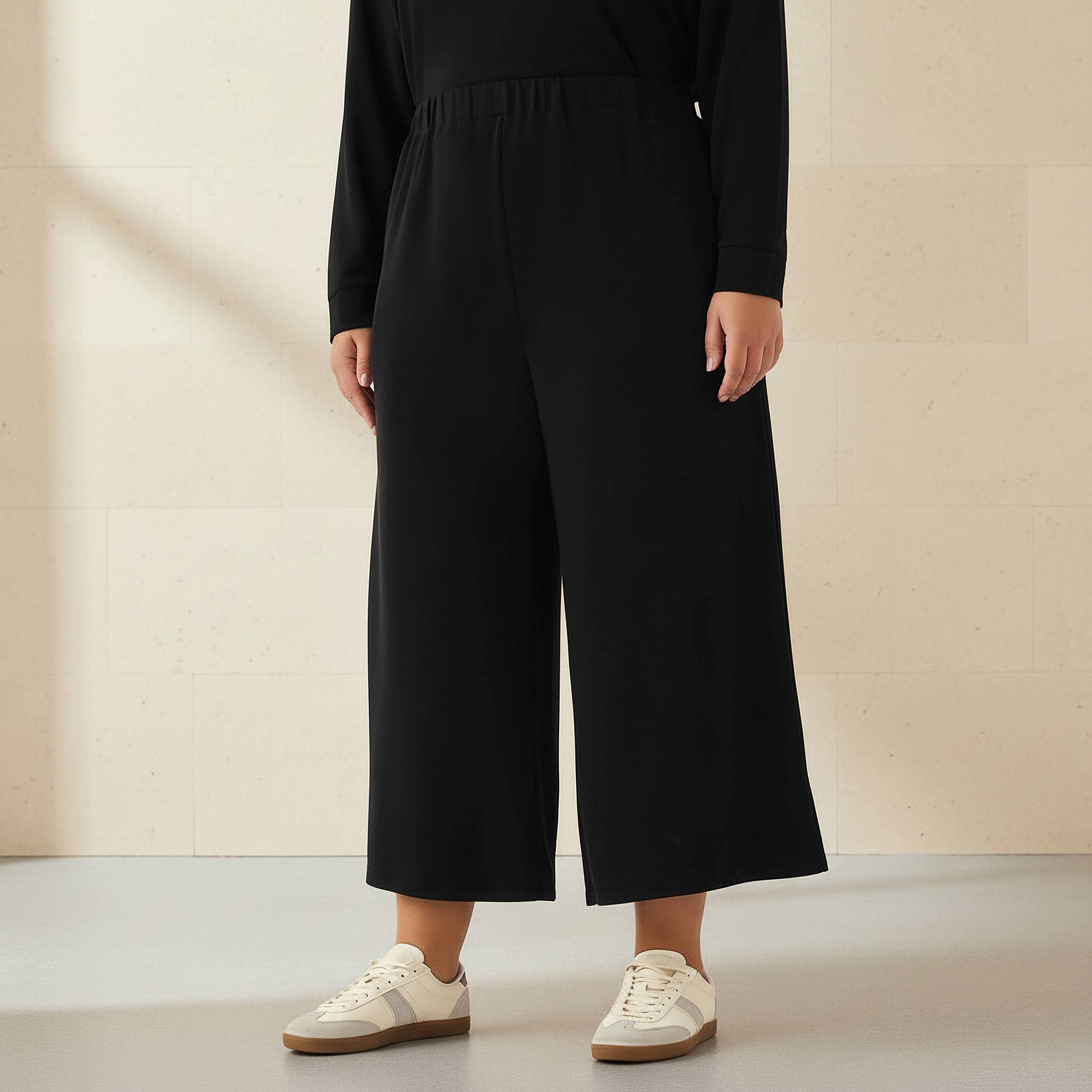Ulla Popken Relaxed Fit Elasticated Waist Wide Leg Pants-women-clothing-coordsets-image-1