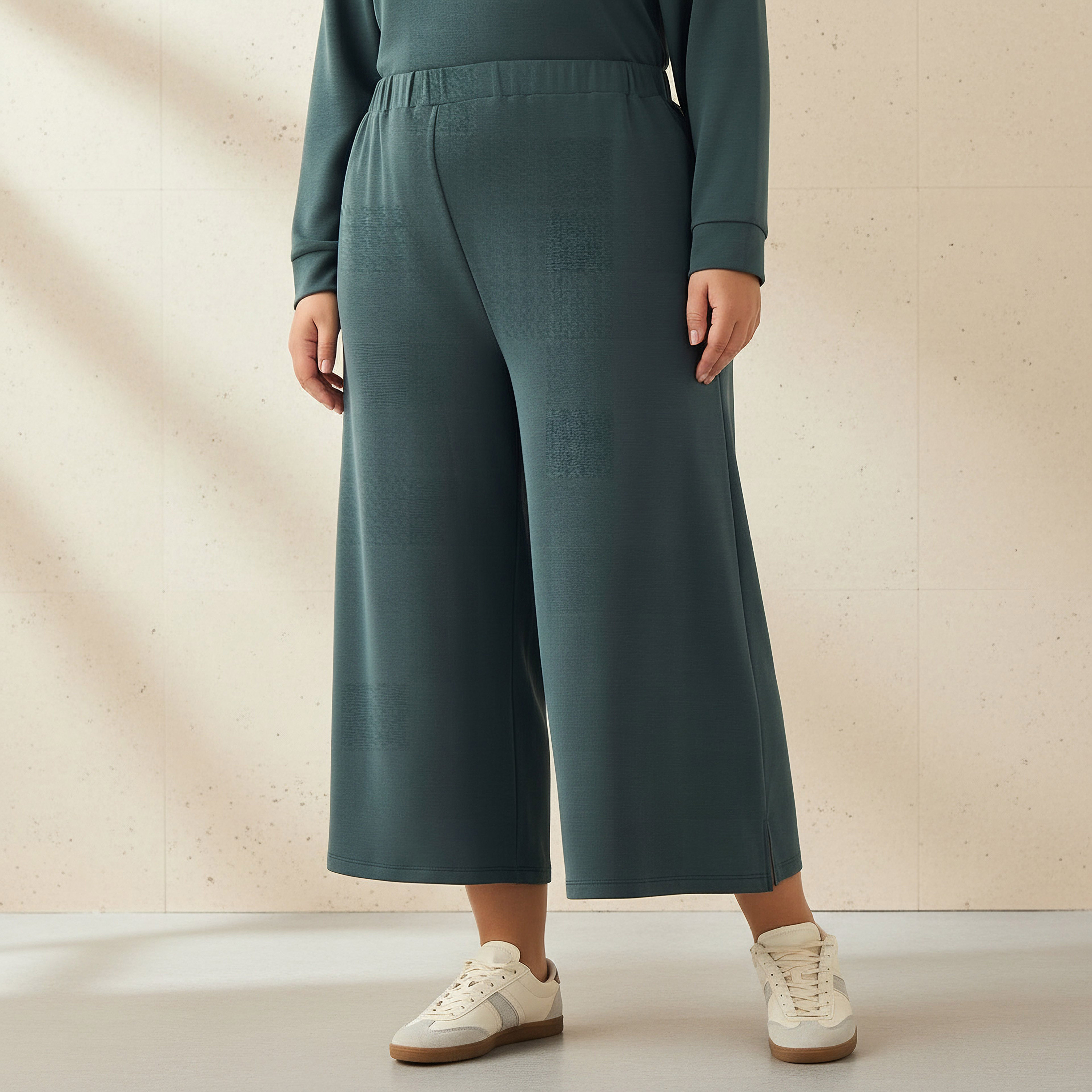 Ulla Popken Relaxed Fit Elasticated Waist Wide Leg Pants-women-clothing-coordsets-image-1