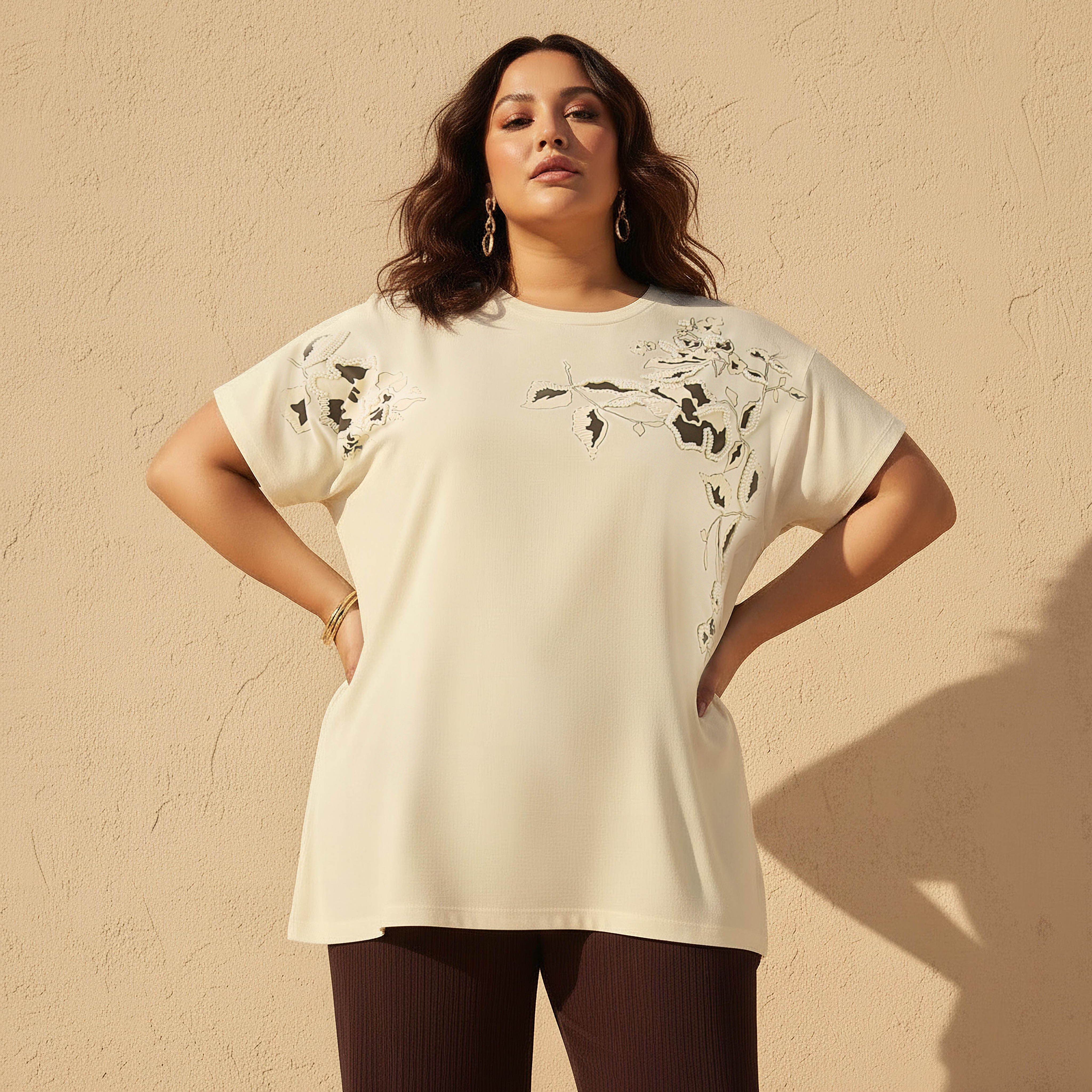 Ulla Popken Relaxed Fit T-shirt with Floral Embellished Detail-women-clothing-tshirts-image-1