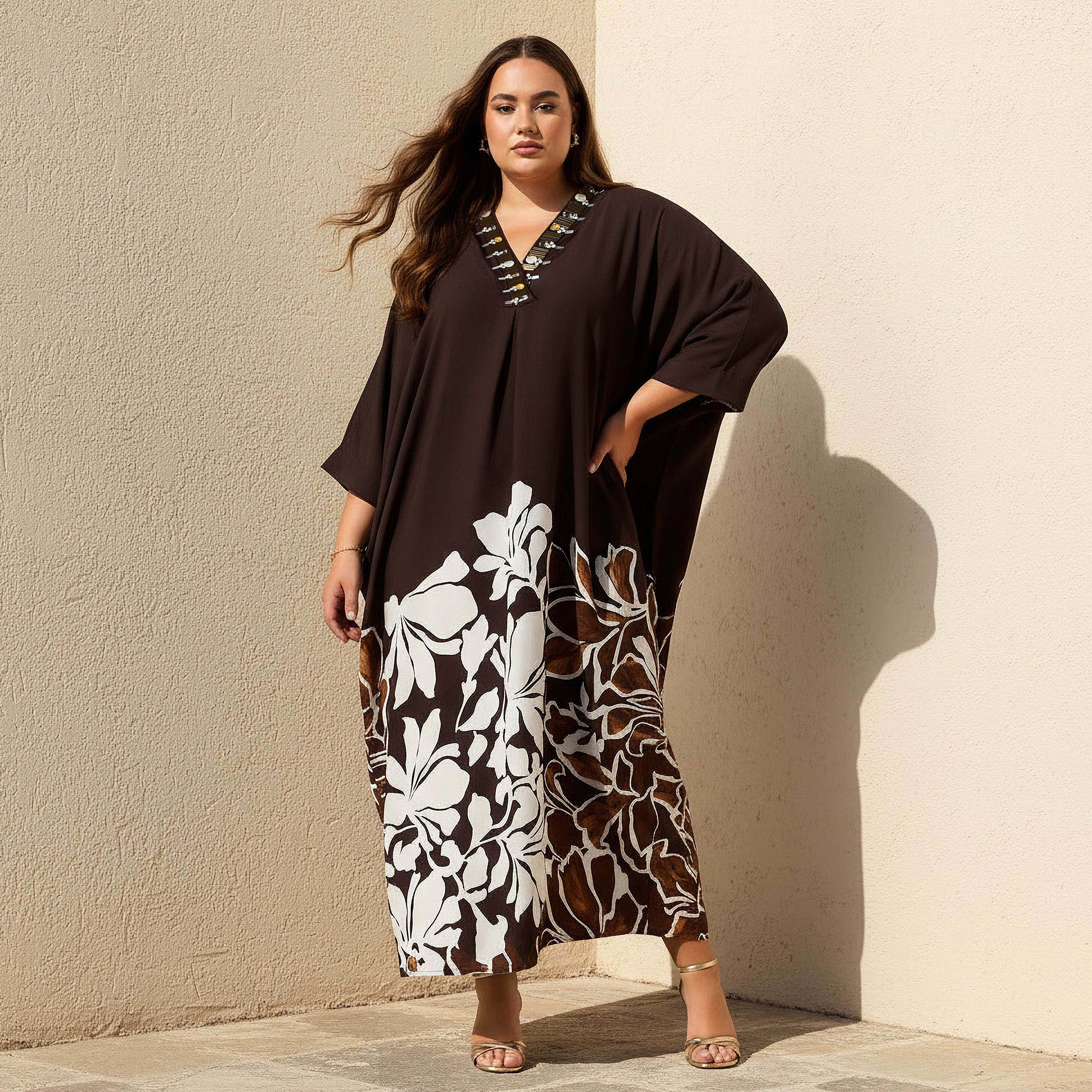 Ulla Popken Maxi Viscose Kaftan with Embellished Detail-women-clothing-dresses-image-1