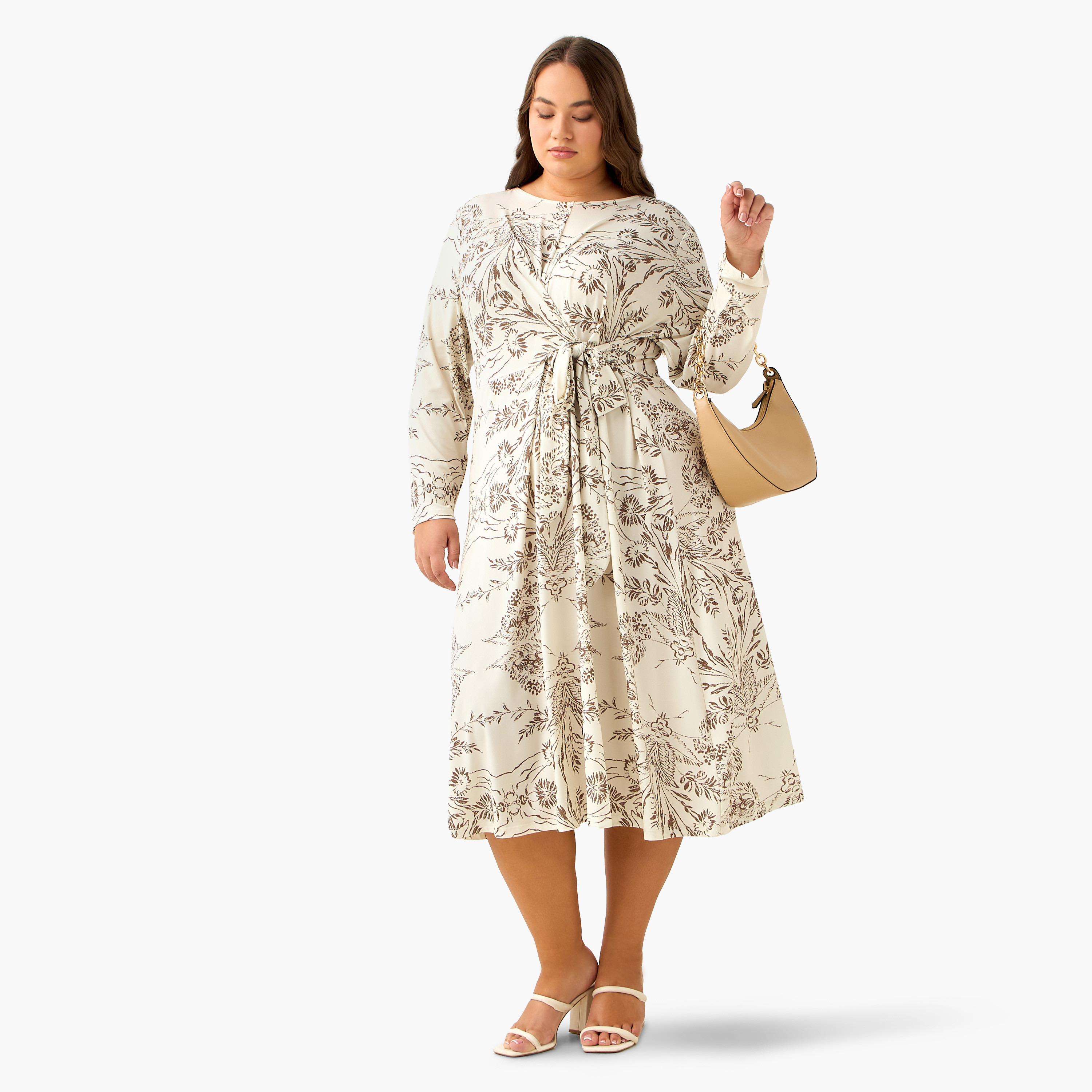 Ulla Popken A-line Midi Dress with Knot Detail and Floral Print-women-clothing-dresses-image-3