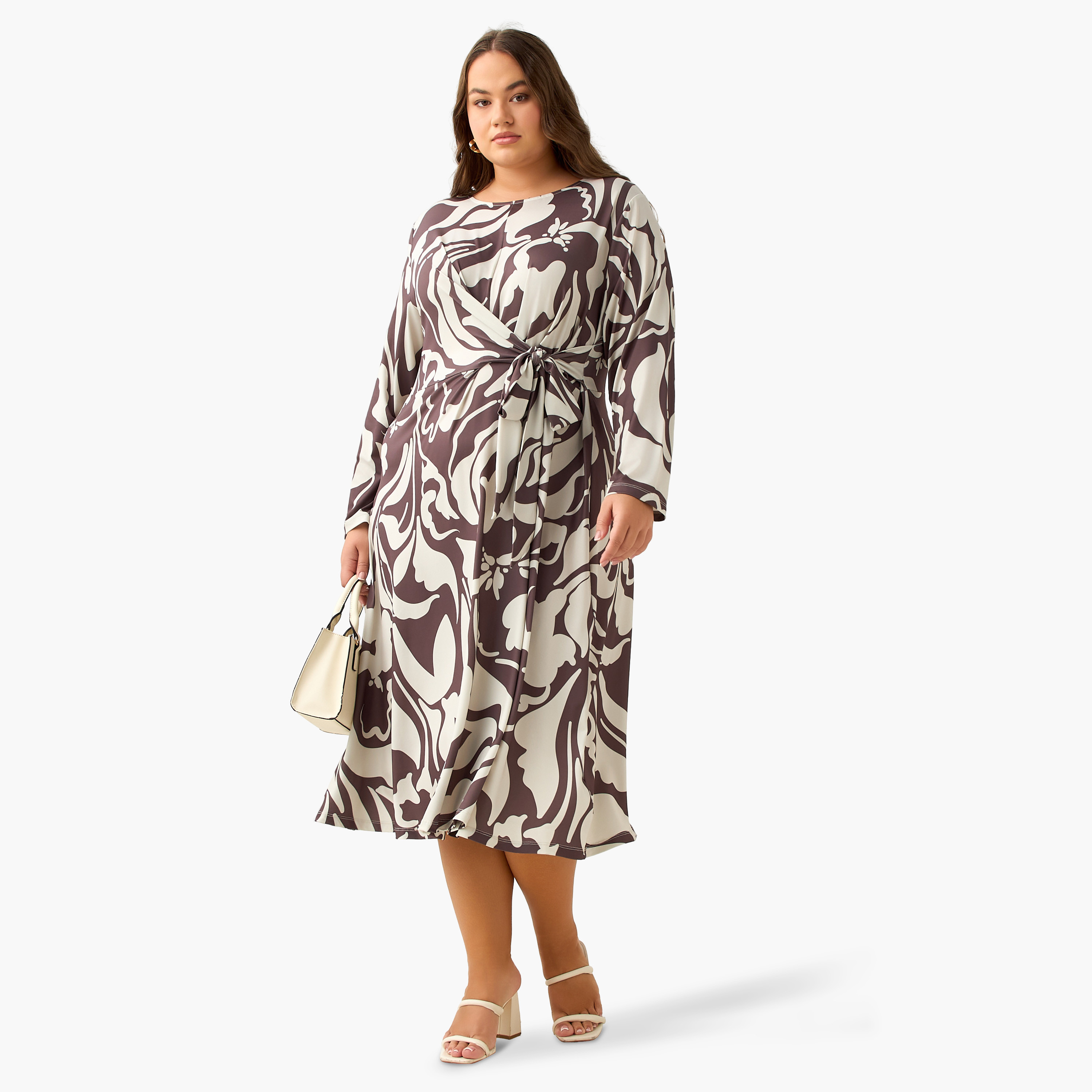 Ulla Popken A-line Midi Dress with Knot Detail and Floral Print-women-clothing-dresses-image-4