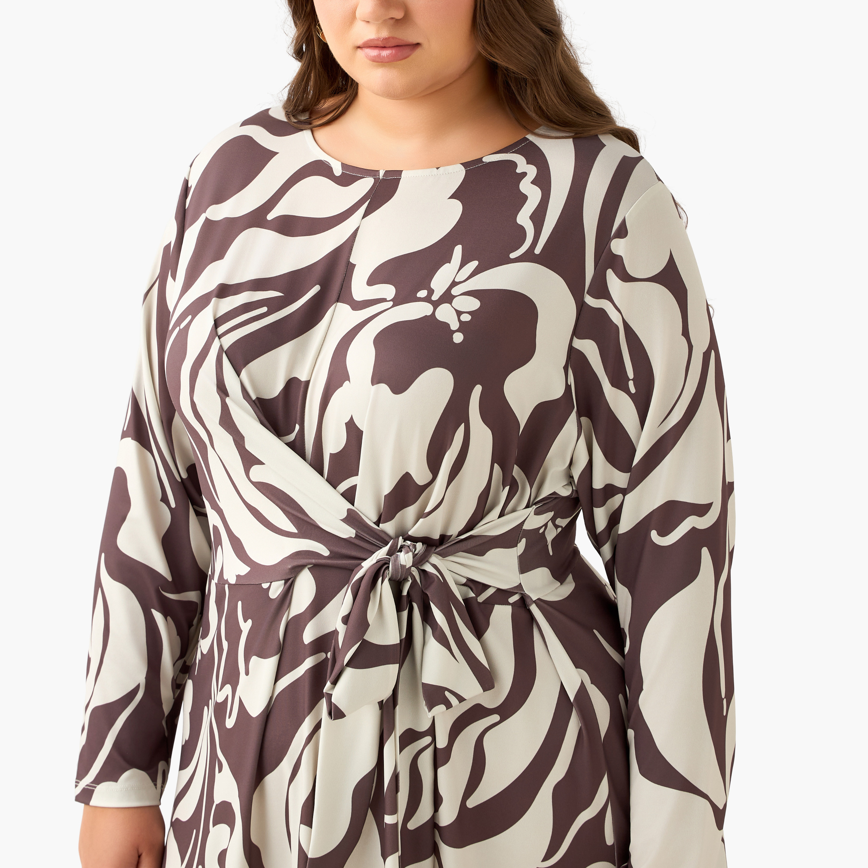 Ulla Popken A-line Midi Dress with Knot Detail and Floral Print-women-clothing-dresses-image-6