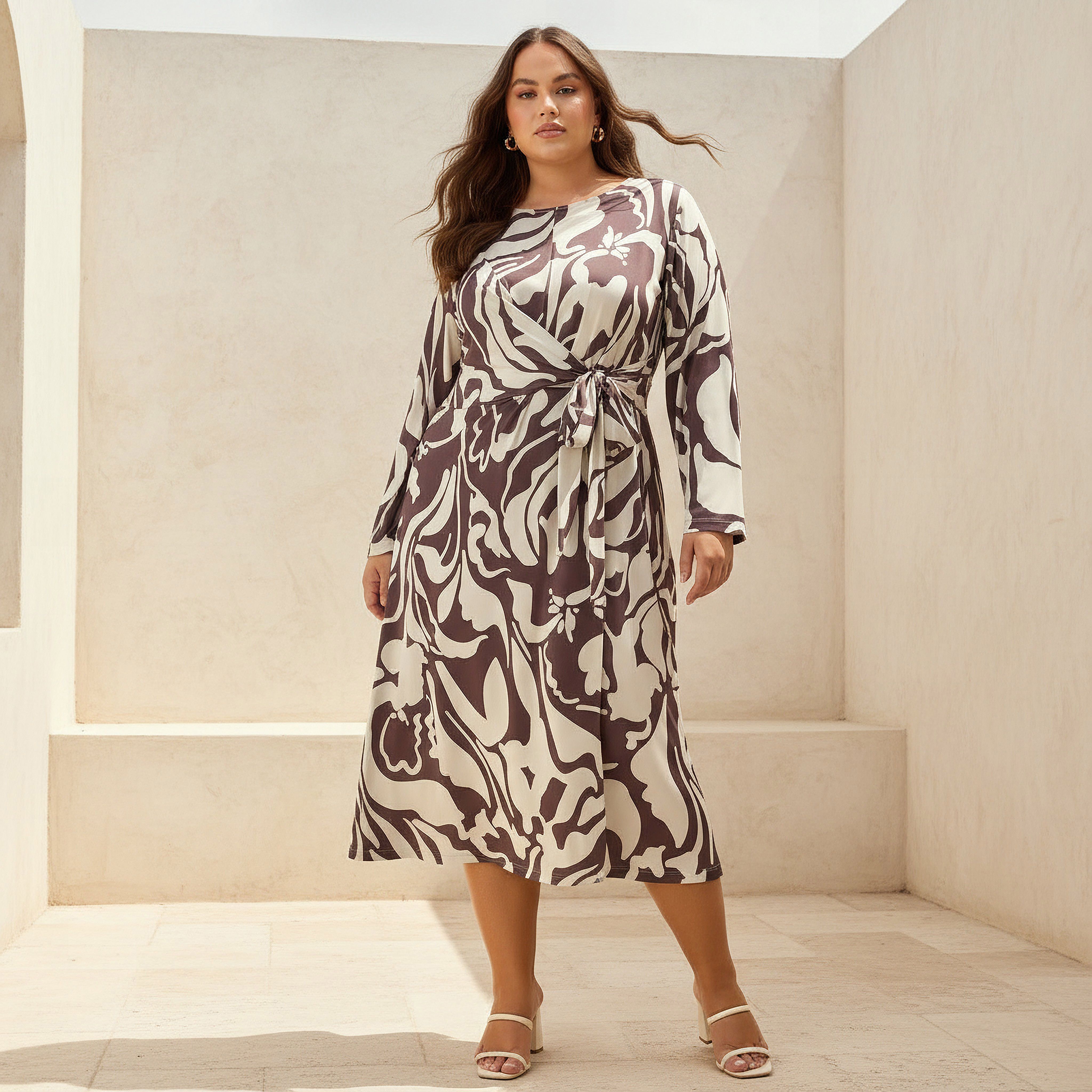 Ulla Popken A-line Midi Dress with Knot Detail and Floral Print-women-clothing-dresses-image-1