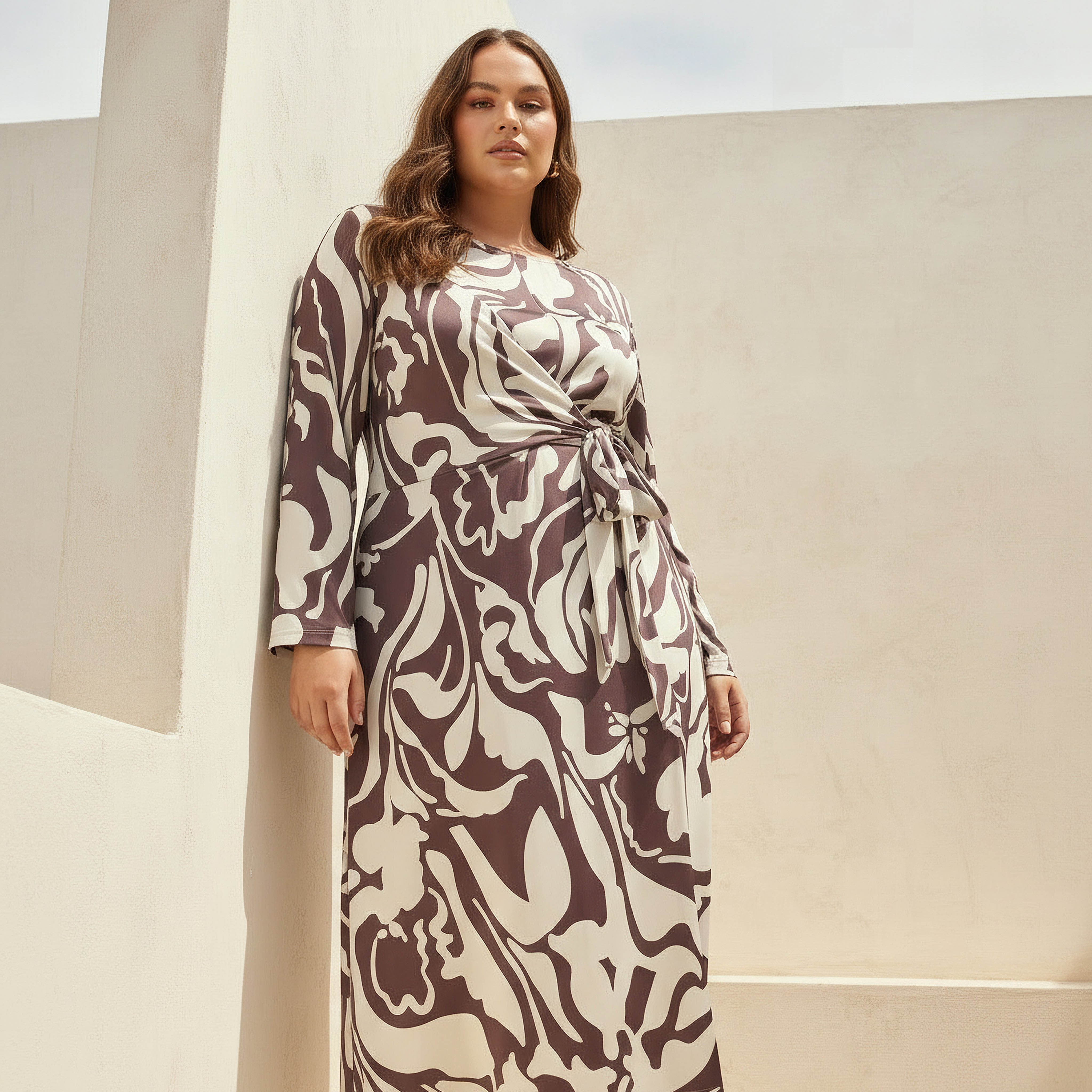 Ulla Popken A-line Midi Dress with Knot Detail and Floral Print-women-clothing-dresses-image-2