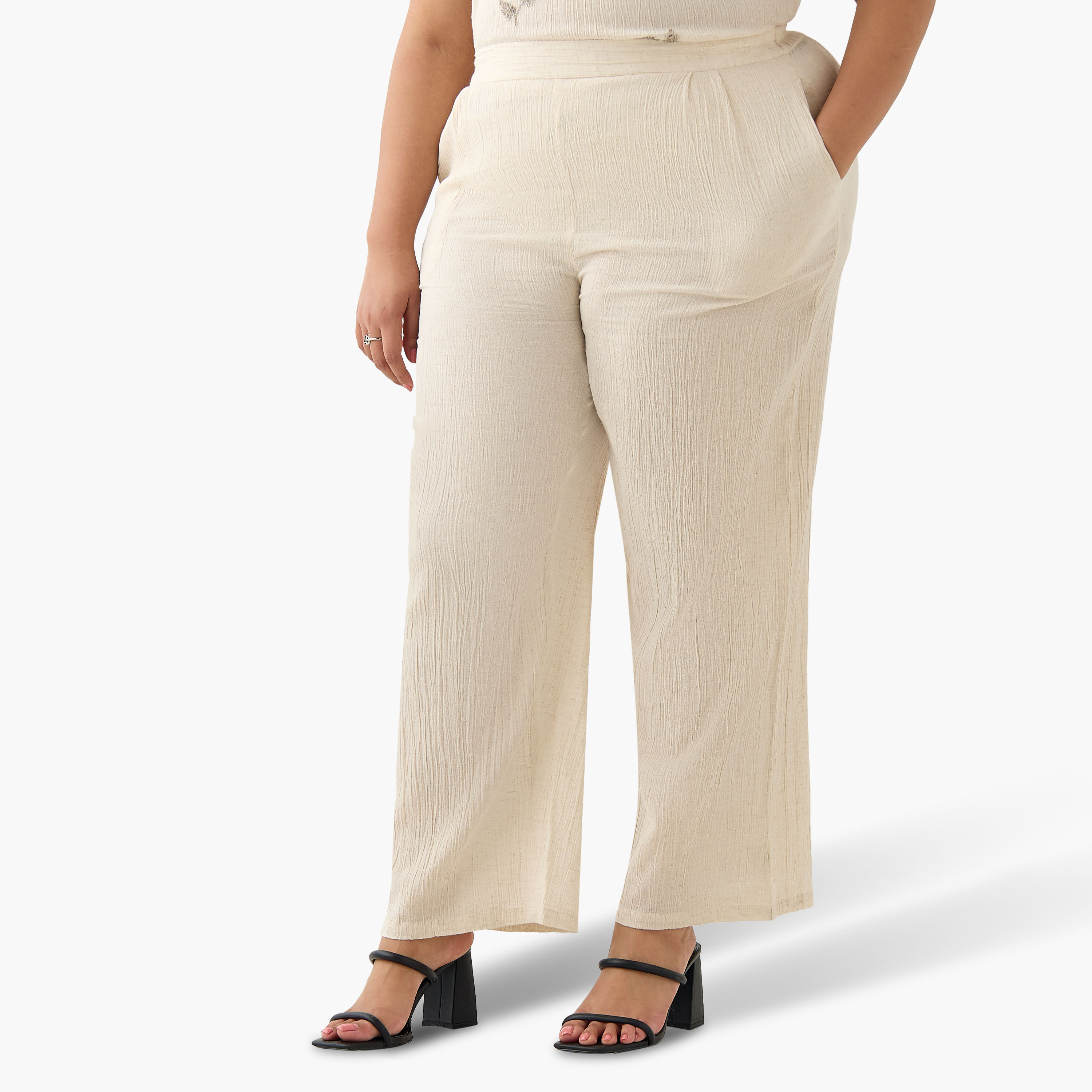 Ulla Popken Textured Wide Leg Linen Blend Pants-women-clothing-coordsets-image-3