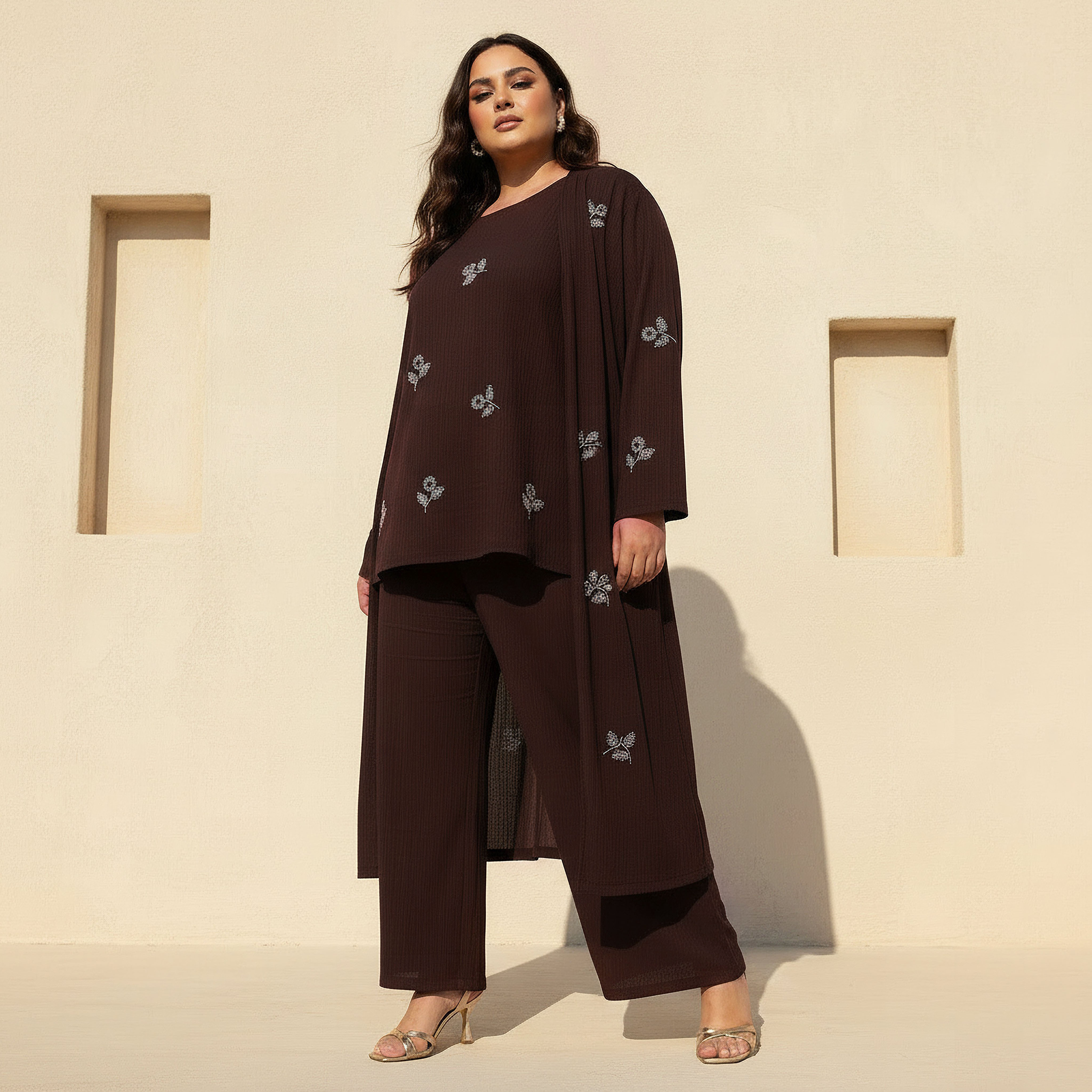 Ulla Popken Relaxed Fit Linen Blend Longline Shrug with Embellishments-women-clothing-coordsets-image-1