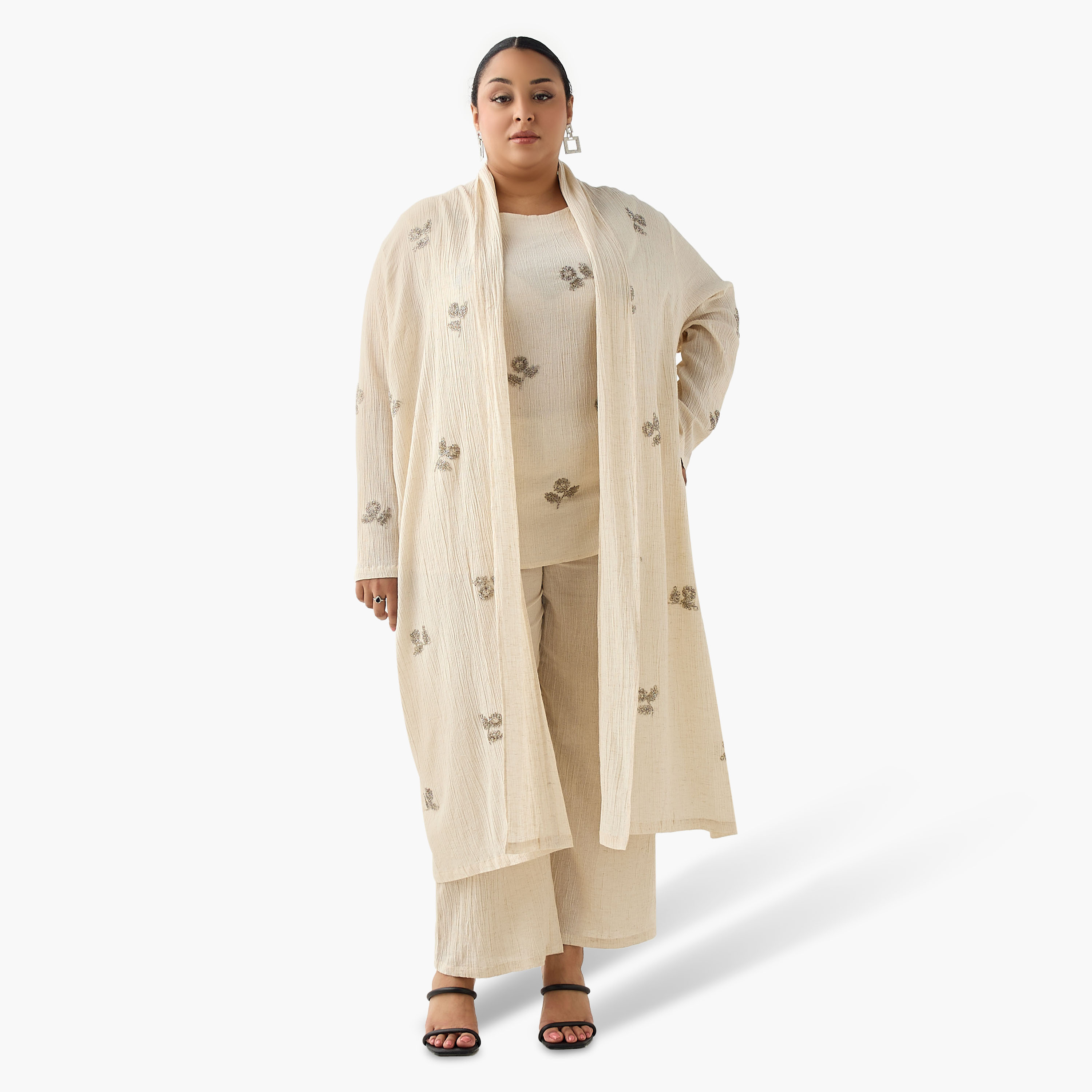 Ulla Popken Relaxed Fit Linen Blend Longline Shrug with Embellishments-women-clothing-coordsets-image-4