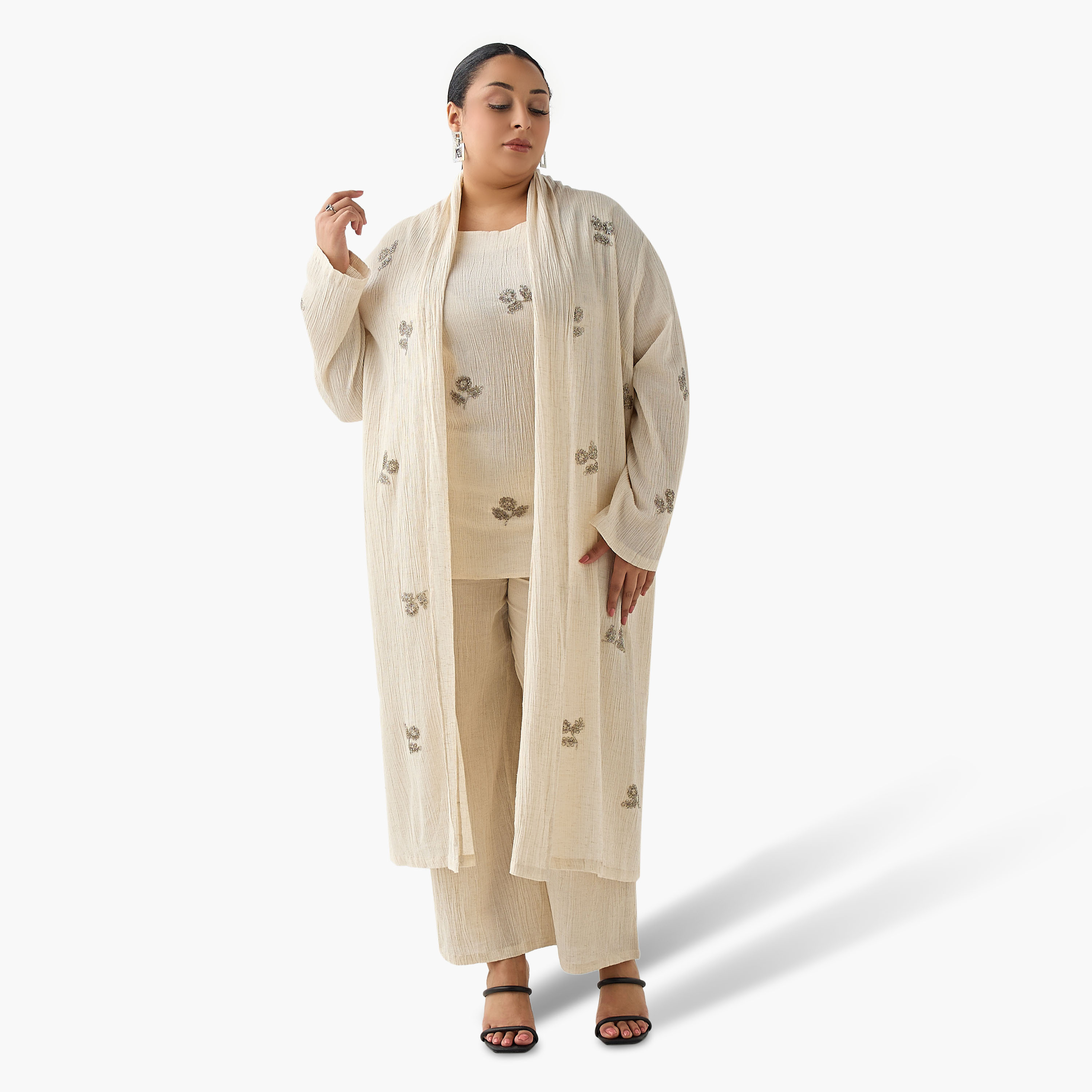 Ulla Popken Relaxed Fit Linen Blend Longline Shrug with Embellishments-women-clothing-coordsets-image-5