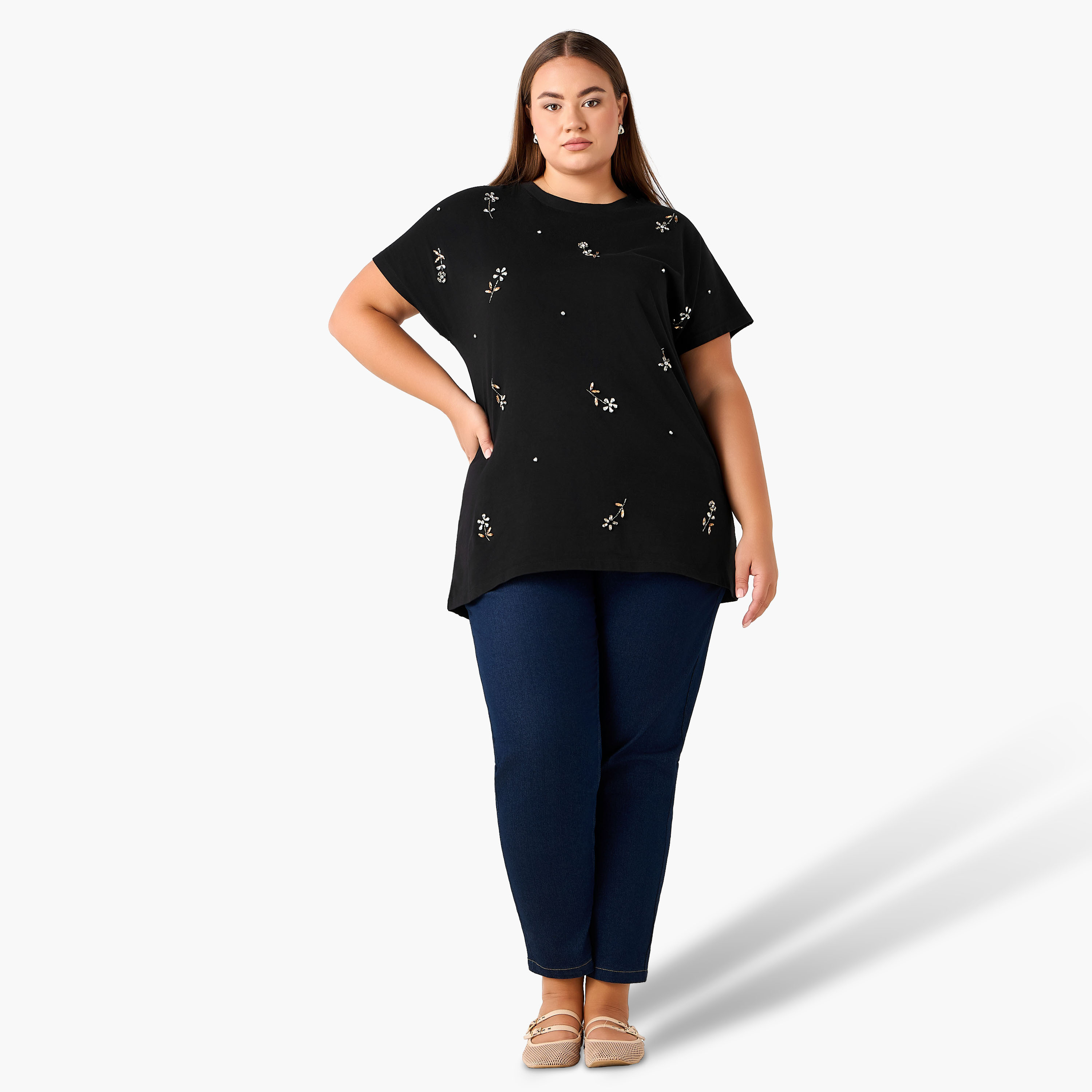Ulla Popken Relaxed Fit Cotton T-shirt with Embellishment-women-clothing-tshirts-image-4