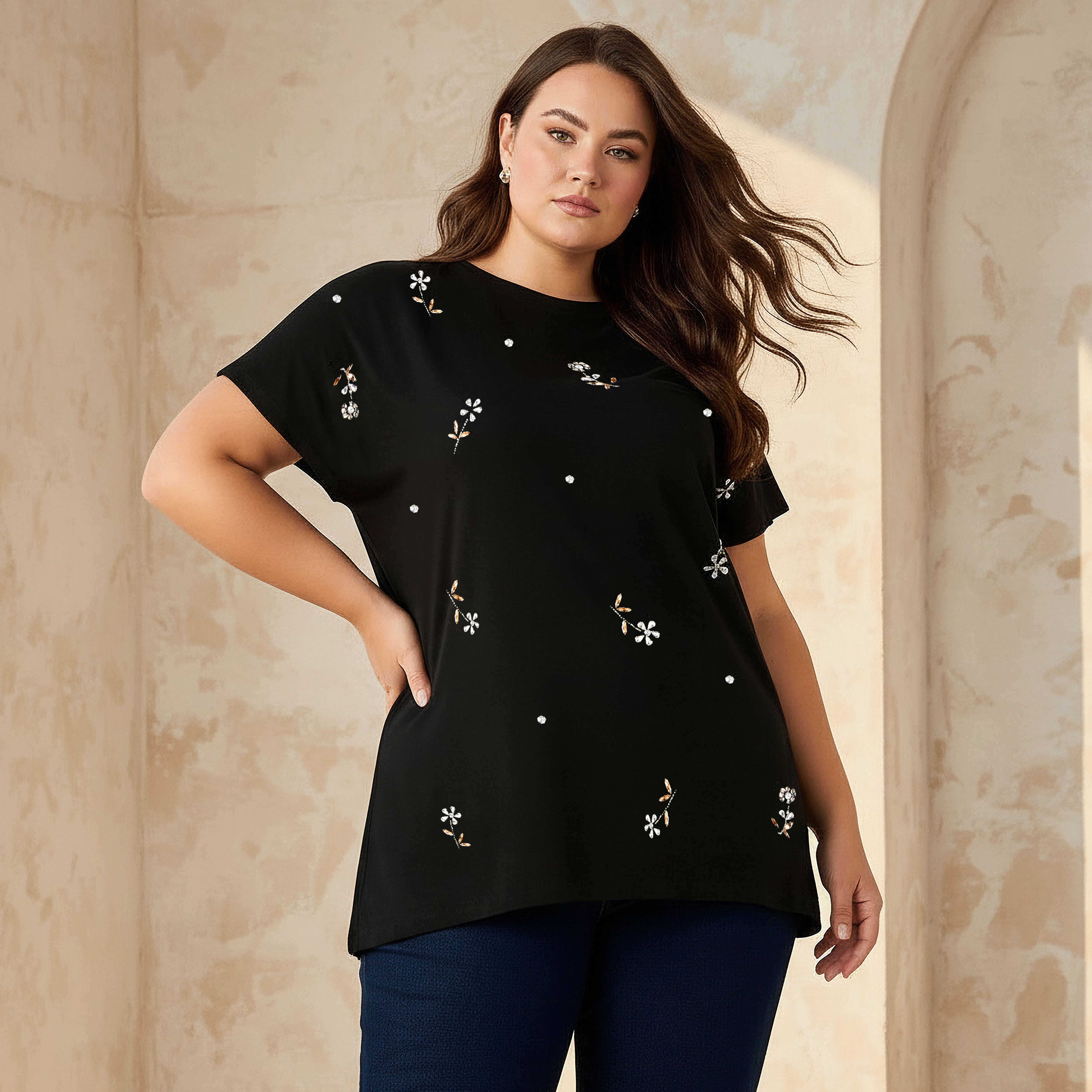 Ulla Popken Relaxed Fit Cotton T-shirt with Embellishment-women-clothing-tshirts-image-1