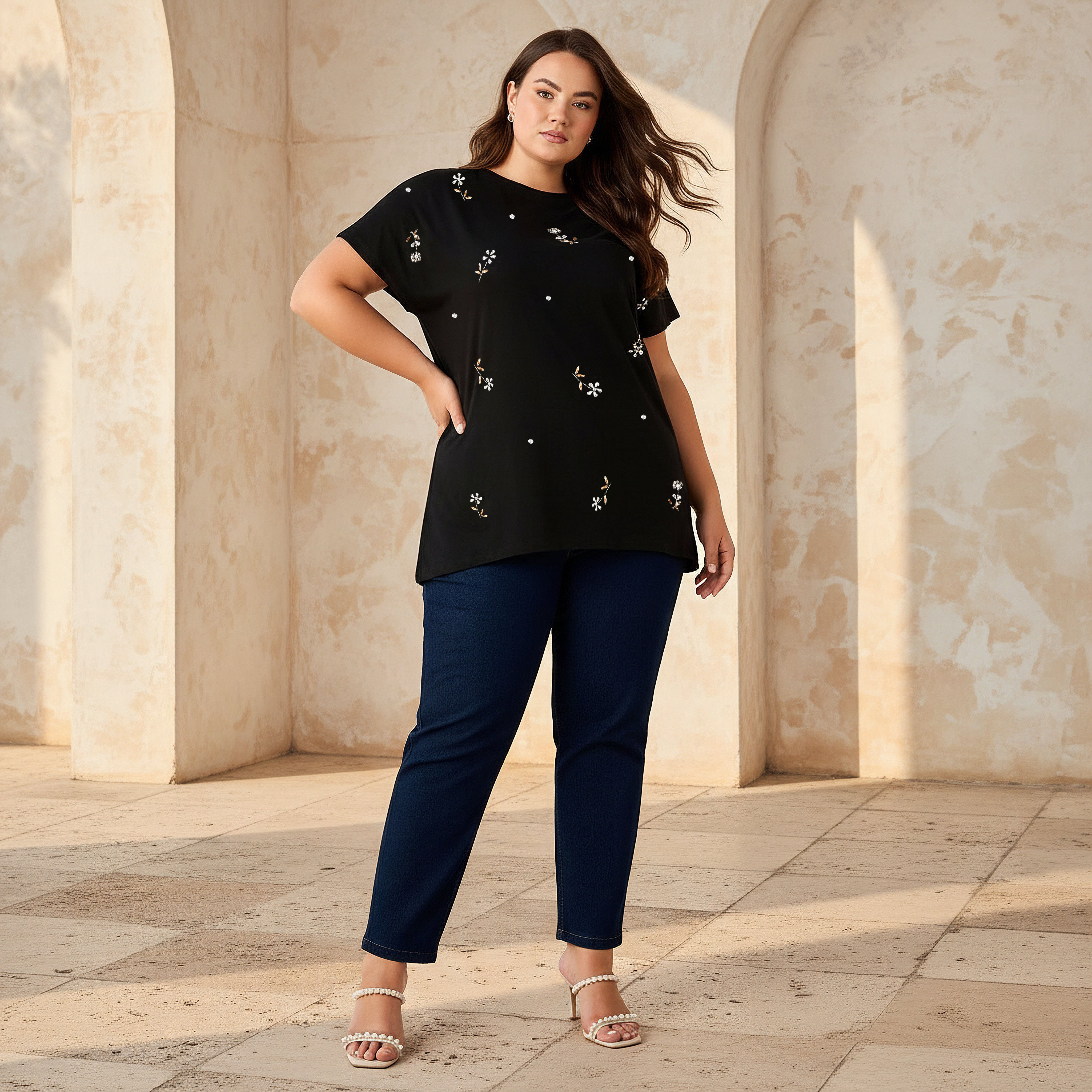 Ulla Popken Relaxed Fit Cotton T-shirt with Embellishment-women-clothing-tshirts-image-2