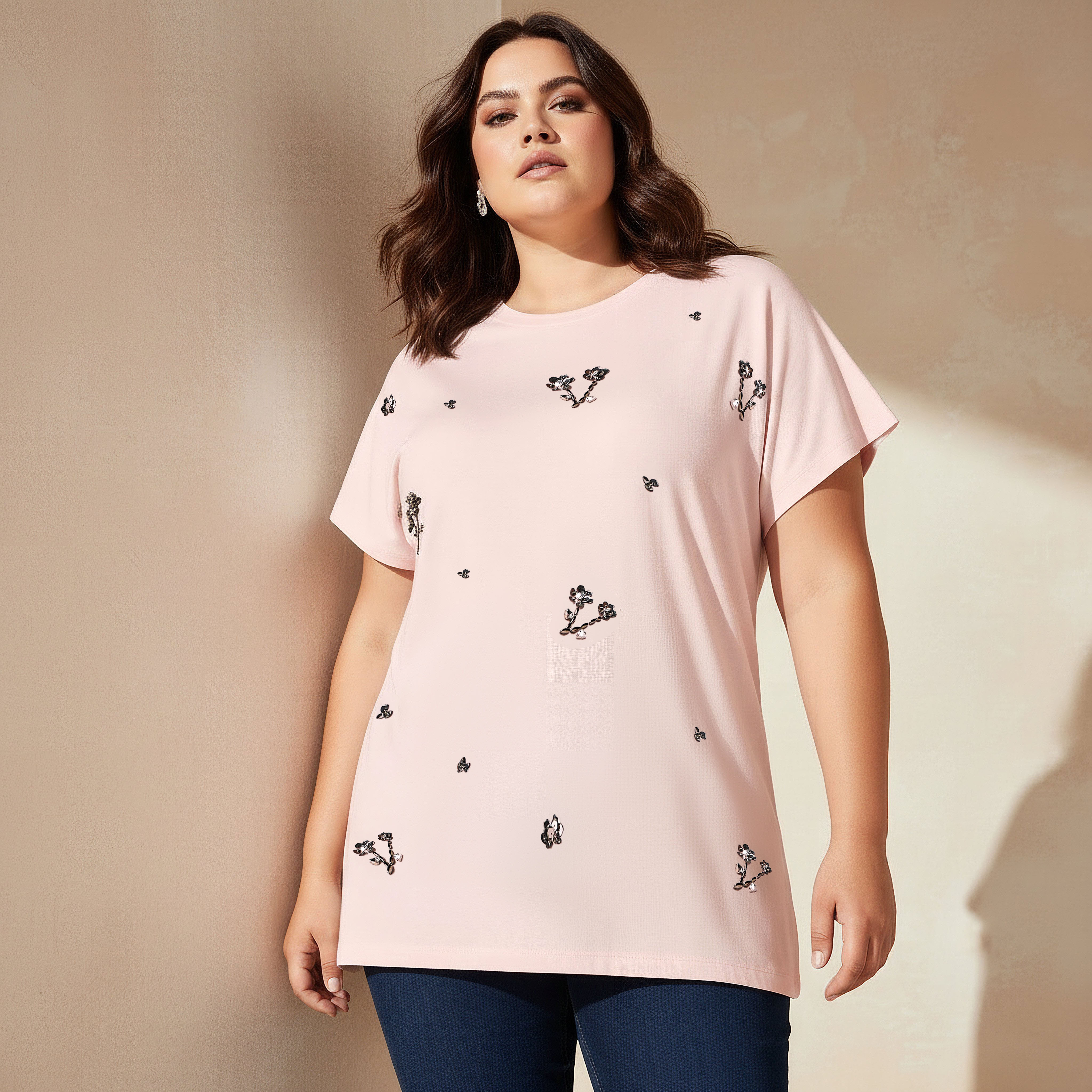 Ulla Popken Relaxed Fit Cotton T-shirt with Sequin Embellishment-women-clothing-tshirts-image-1