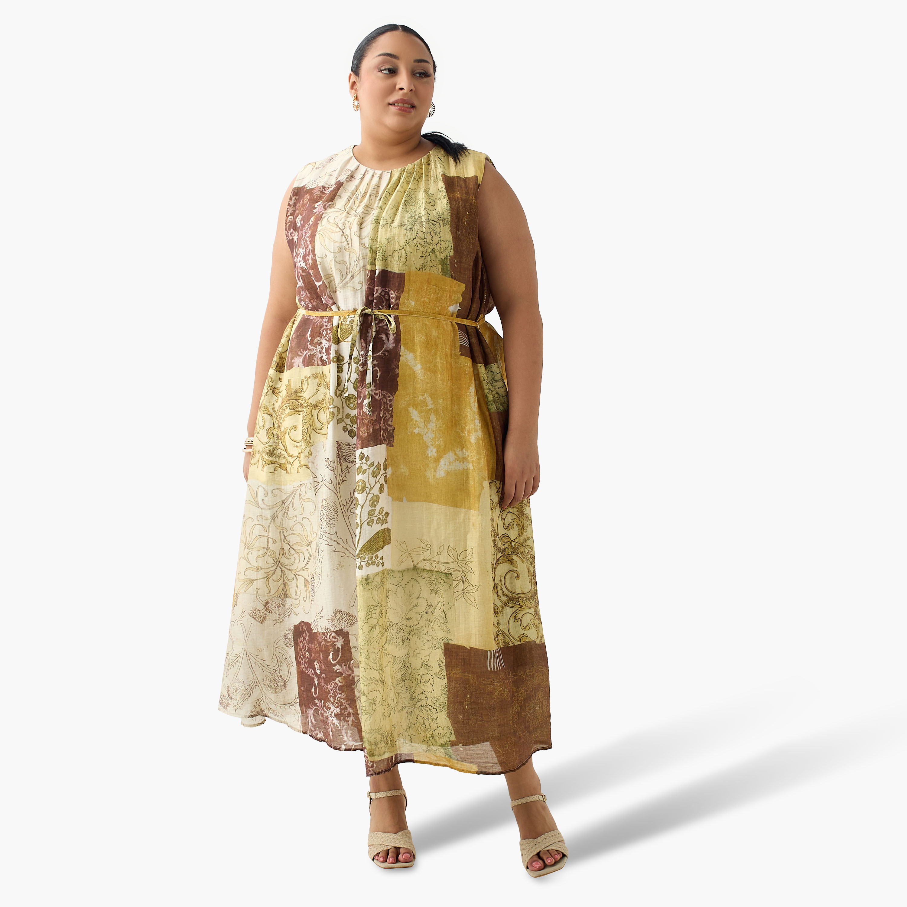 Ulla Popken Patch Print A-line Women Linen Blend Dress with Belt-women-clothing-dresses-image-2