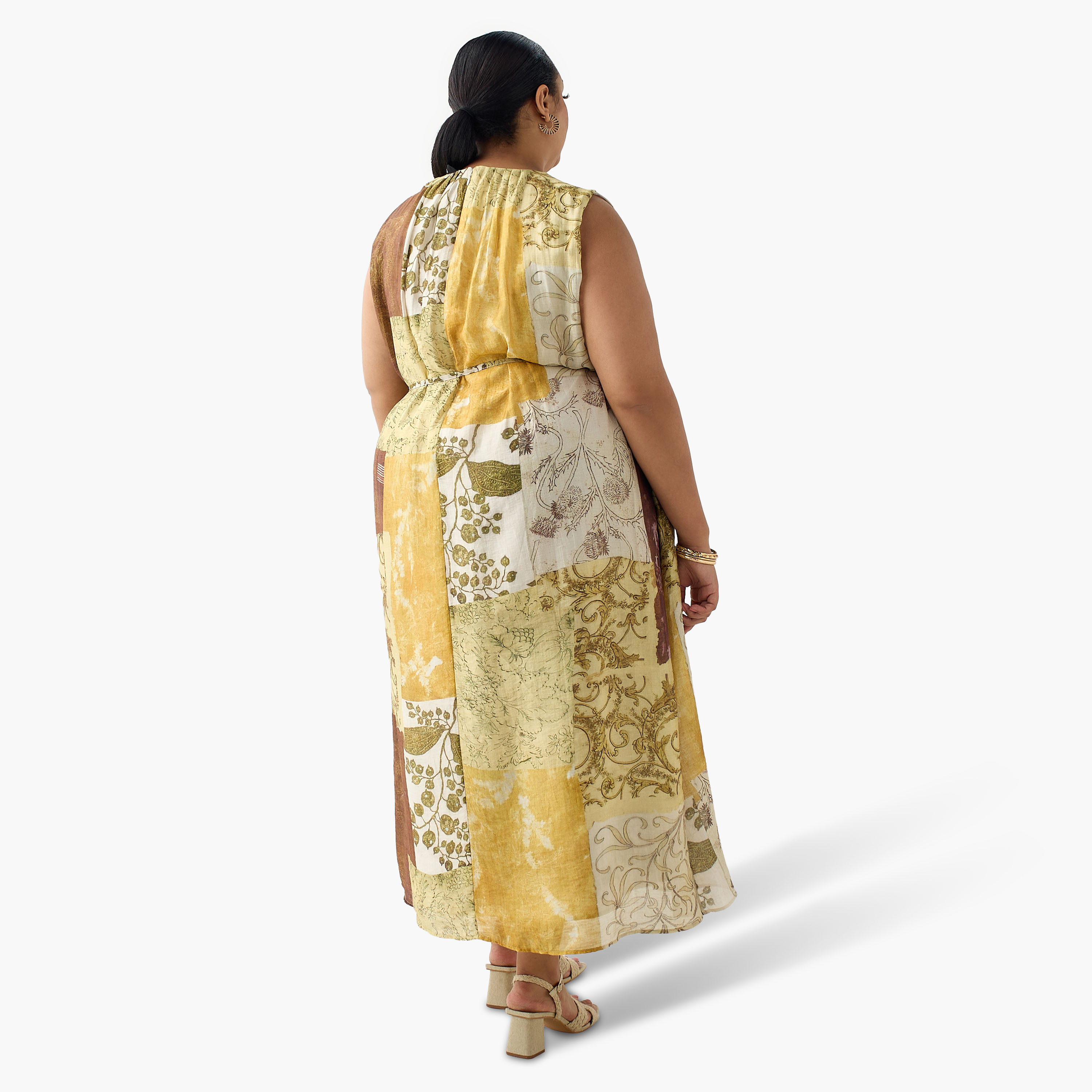 Ulla Popken Patch Print A-line Women Linen Blend Dress with Belt-women-clothing-dresses-image-4