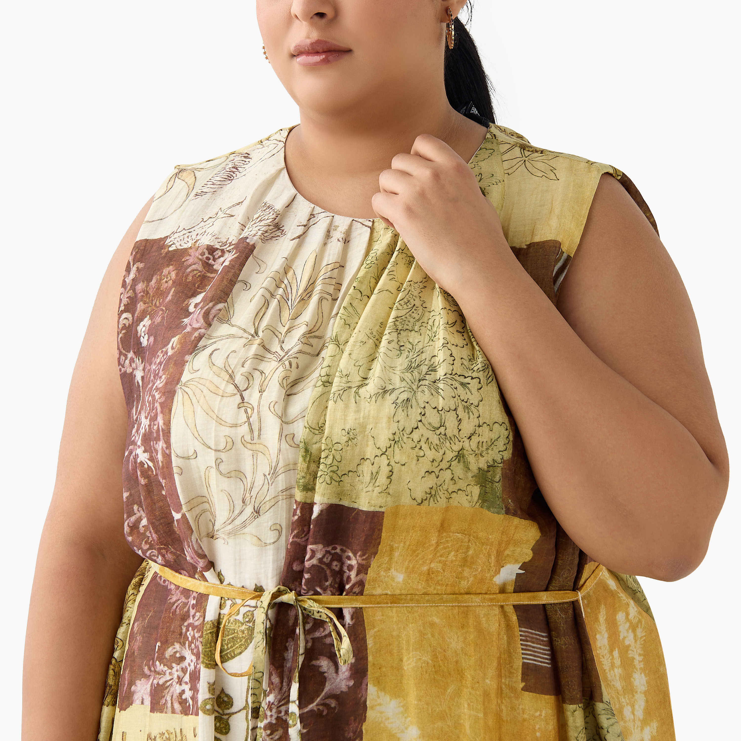 Ulla Popken Patch Print A-line Women Linen Blend Dress with Belt-women-clothing-dresses-image-5