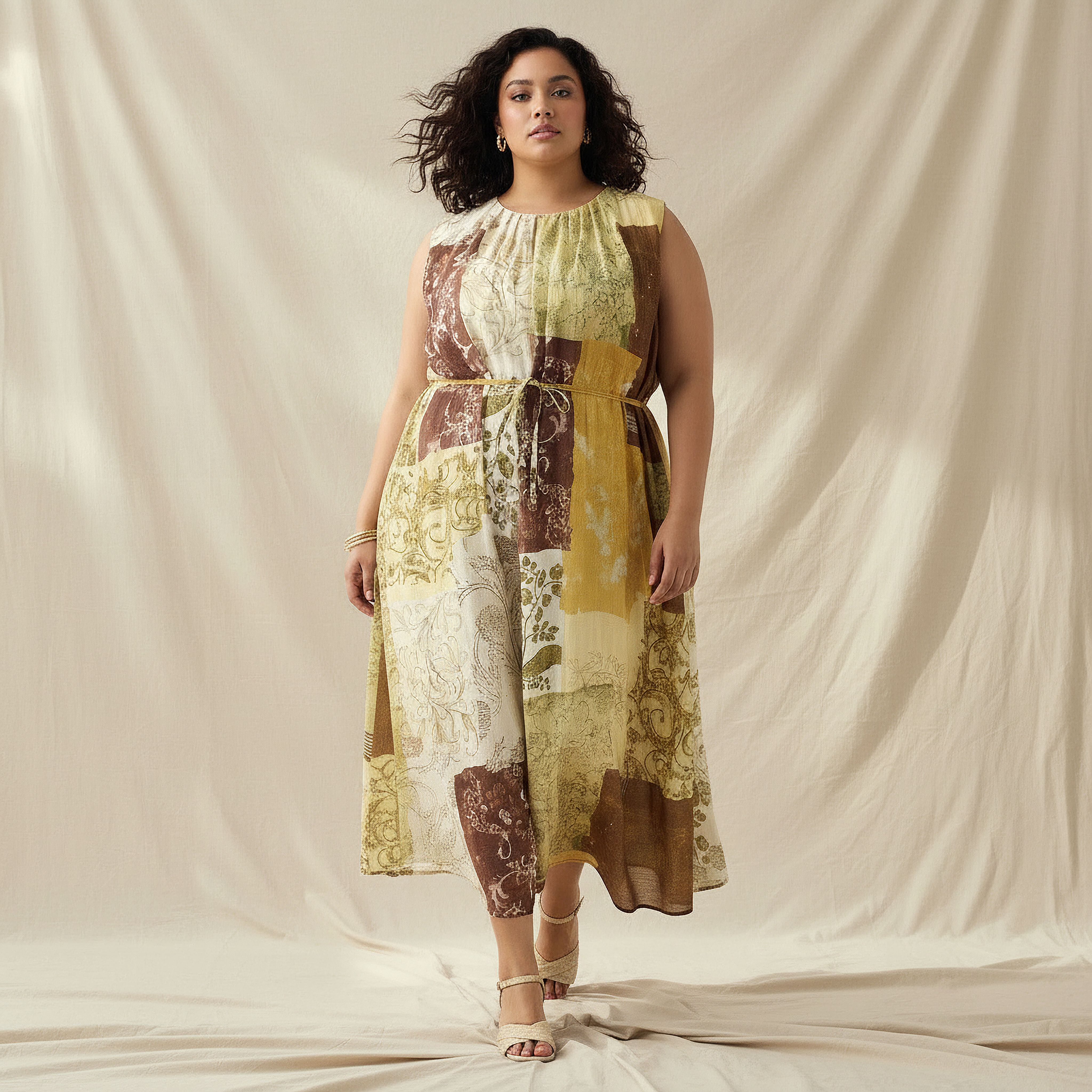 Ulla Popken Patch Print A-line Women Linen Blend Dress with Belt-women-clothing-dresses-image-1