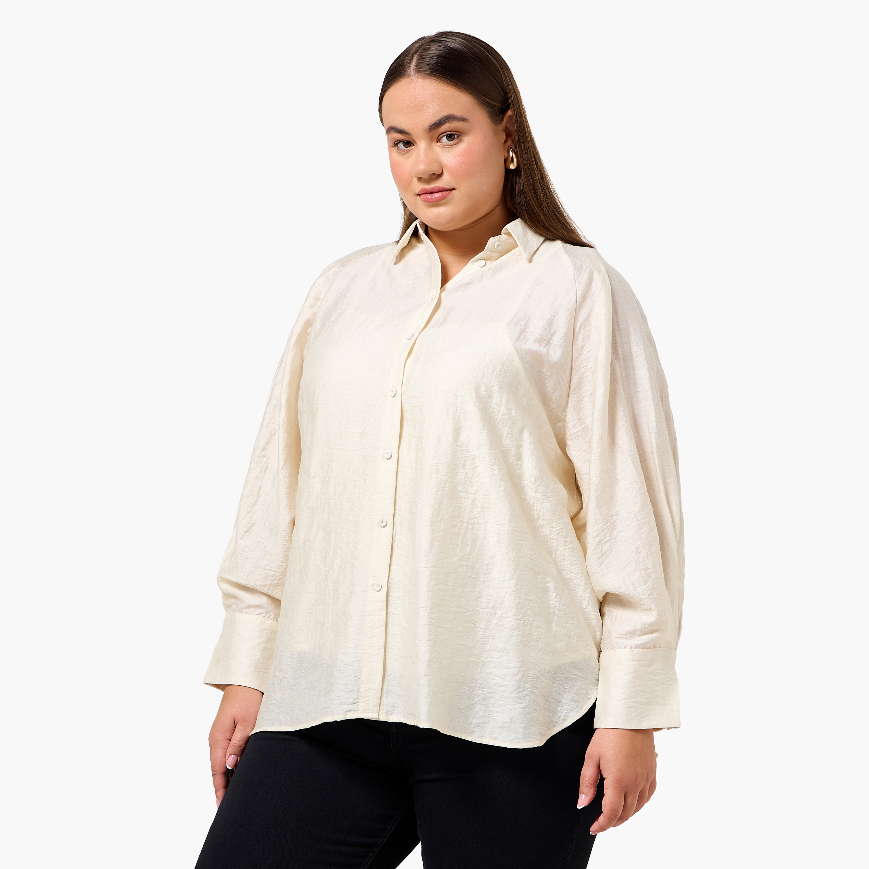 Ulla Popken Plus Size Relaxed Fit Jacquard Shirt with Raglan Sleeves-women-clothing-shirtsandblouses-shirts-image-2