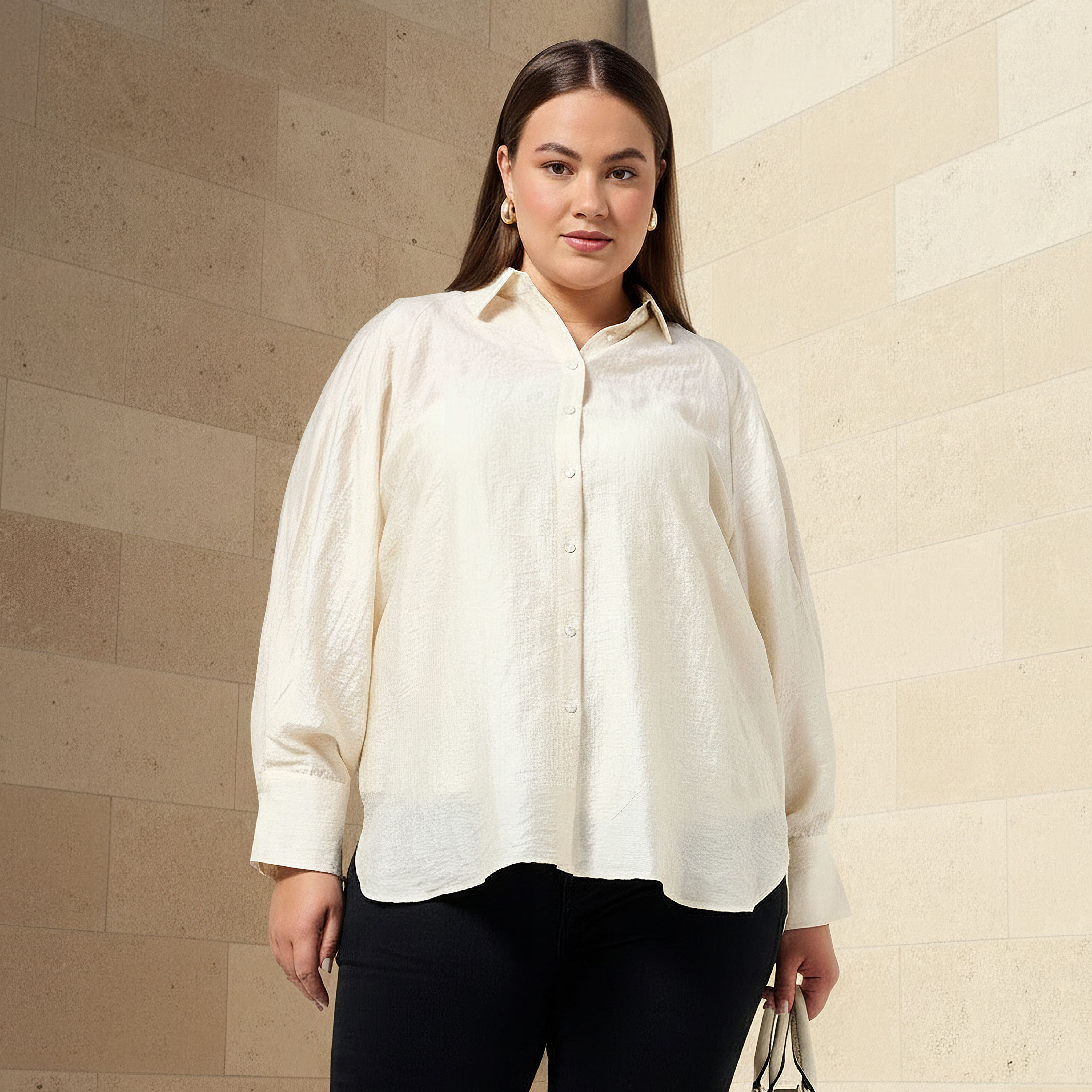 Ulla Popken Plus Size Relaxed Fit Jacquard Shirt with Raglan Sleeves-women-clothing-shirtsandblouses-shirts-image-1