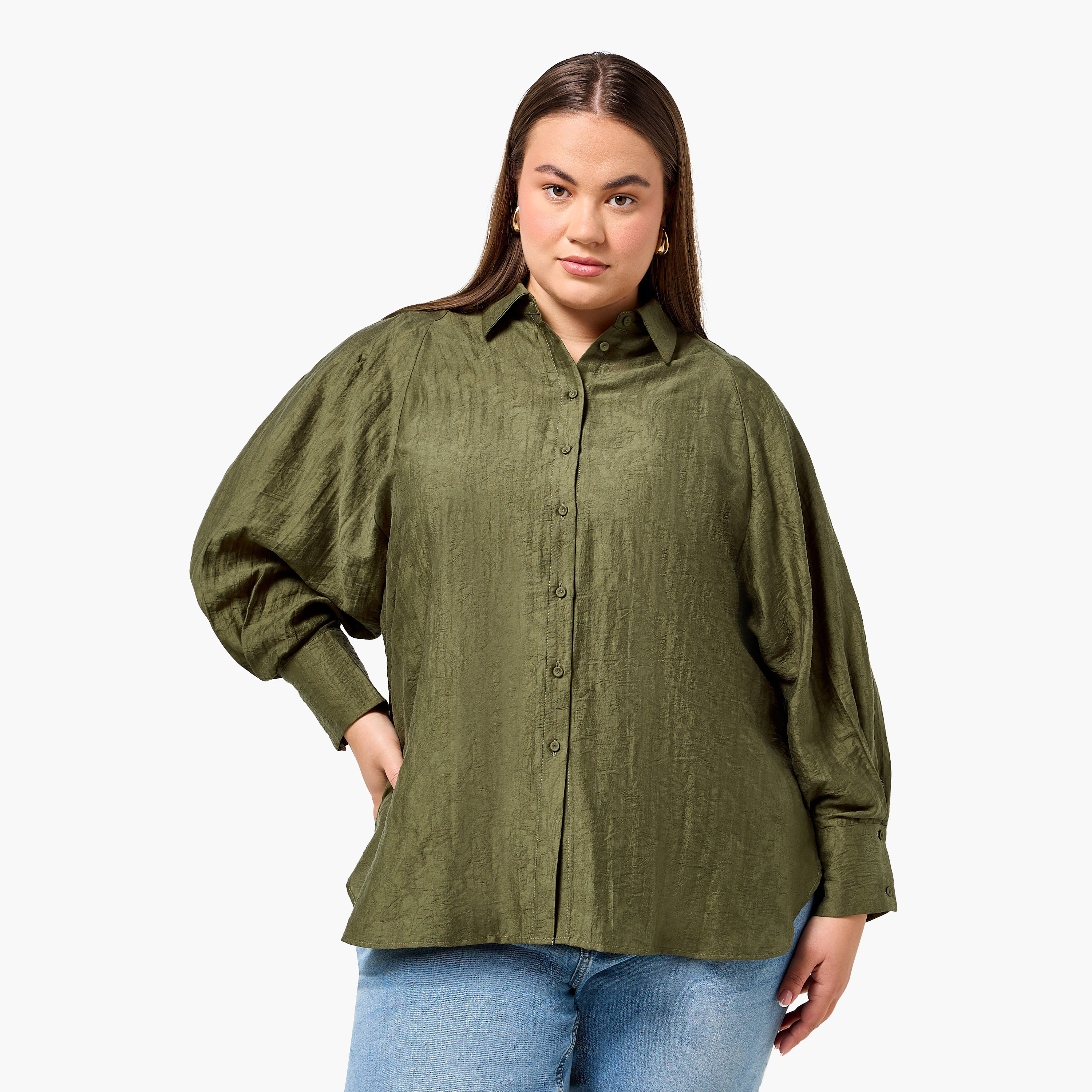Ulla Popken Plus Size Relaxed Fit Jacquard Shirt with Raglan Sleeves-women-clothing-shirtsandblouses-shirts-image-2