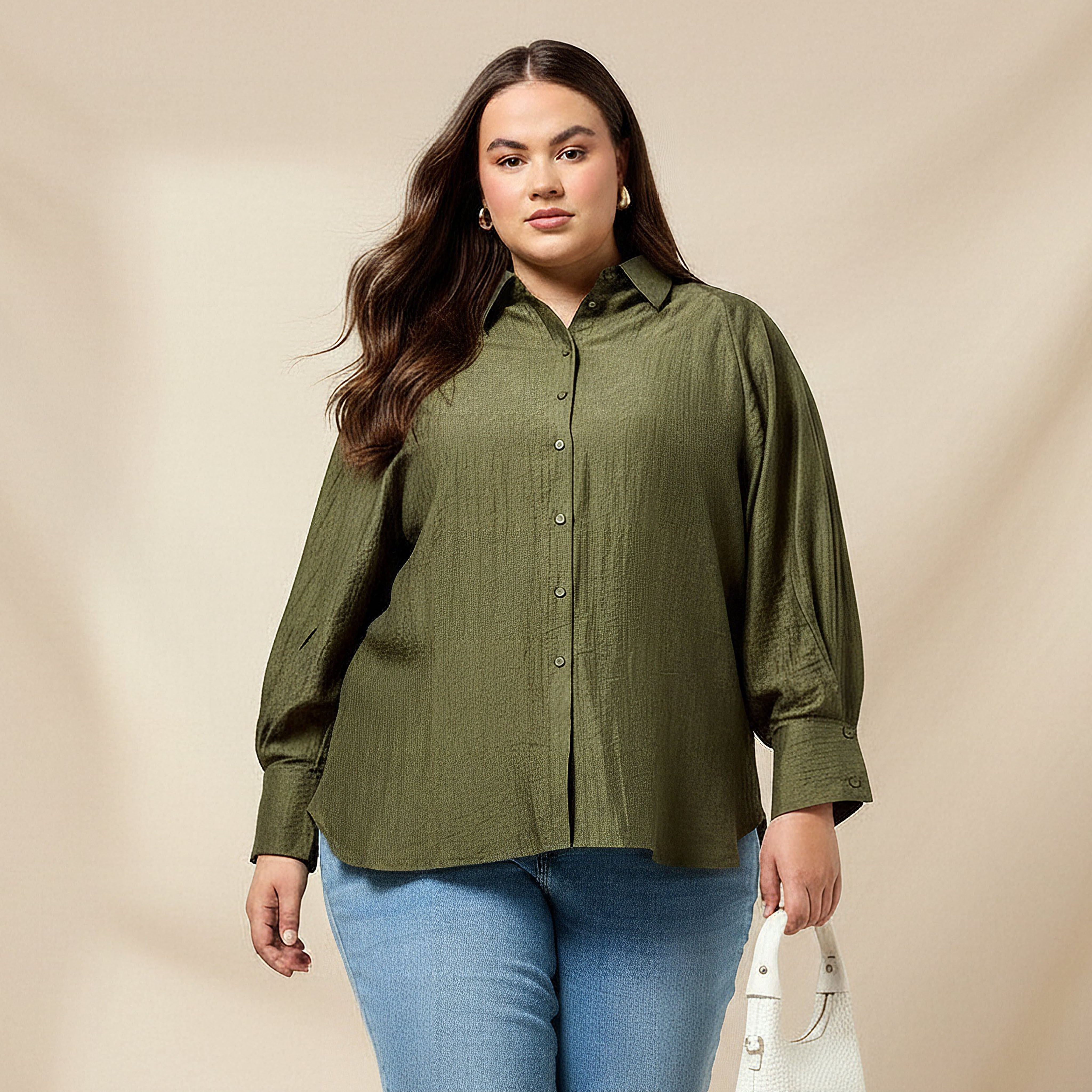 Ulla Popken Plus Size Relaxed Fit Jacquard Shirt with Raglan Sleeves-women-clothing-shirtsandblouses-shirts-image-1