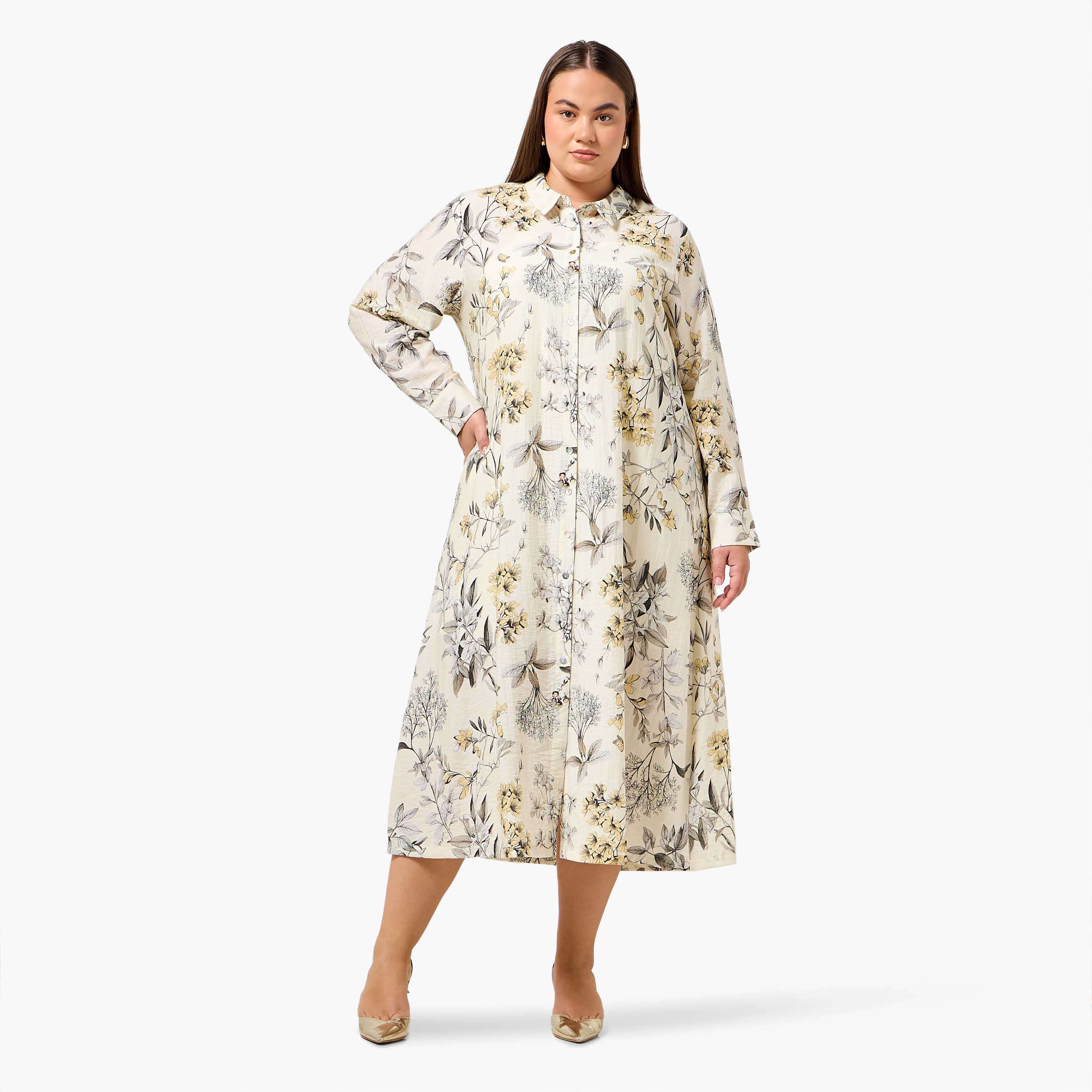 Ulla Popken Plus Size Floral Print Women Linen Blend Shirt Dress-women-clothing-dresses-image-2