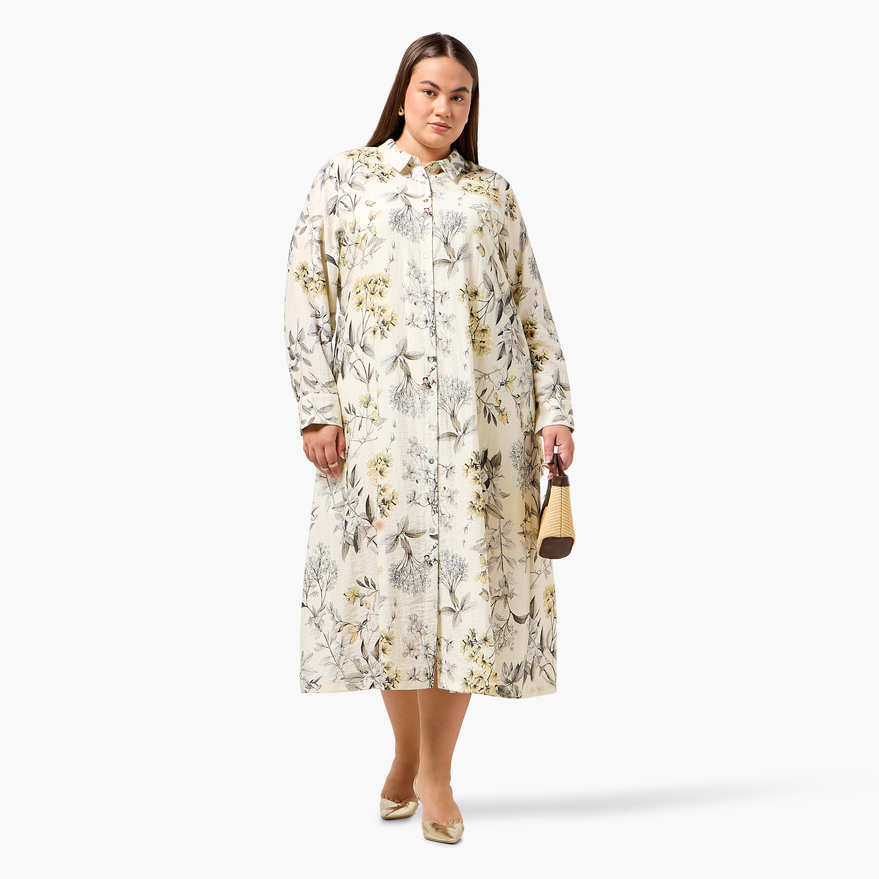 Ulla Popken Plus Size Floral Print Women Linen Blend Shirt Dress-women-clothing-dresses-image-4