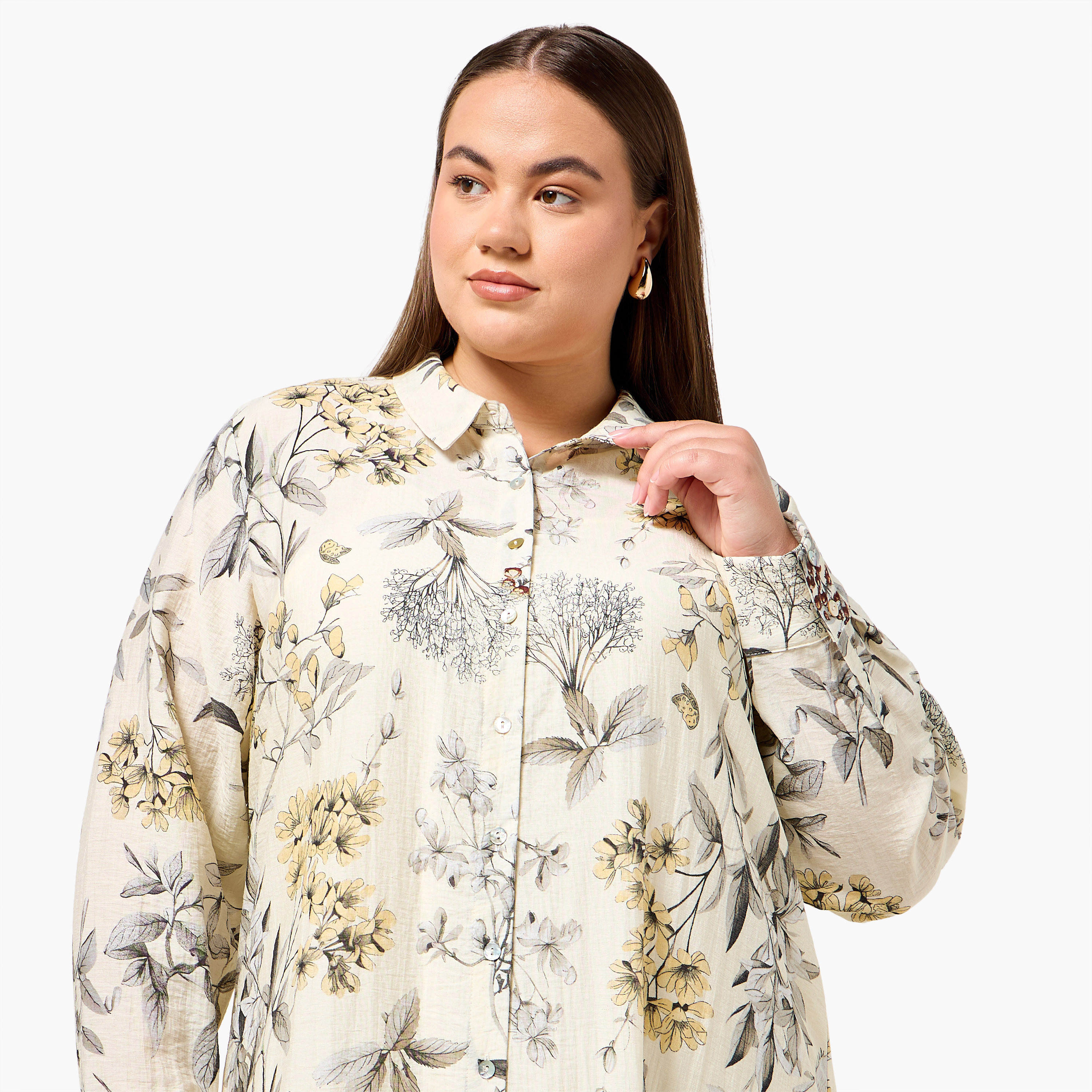 Ulla Popken Plus Size Floral Print Women Linen Blend Shirt Dress-women-clothing-dresses-image-5
