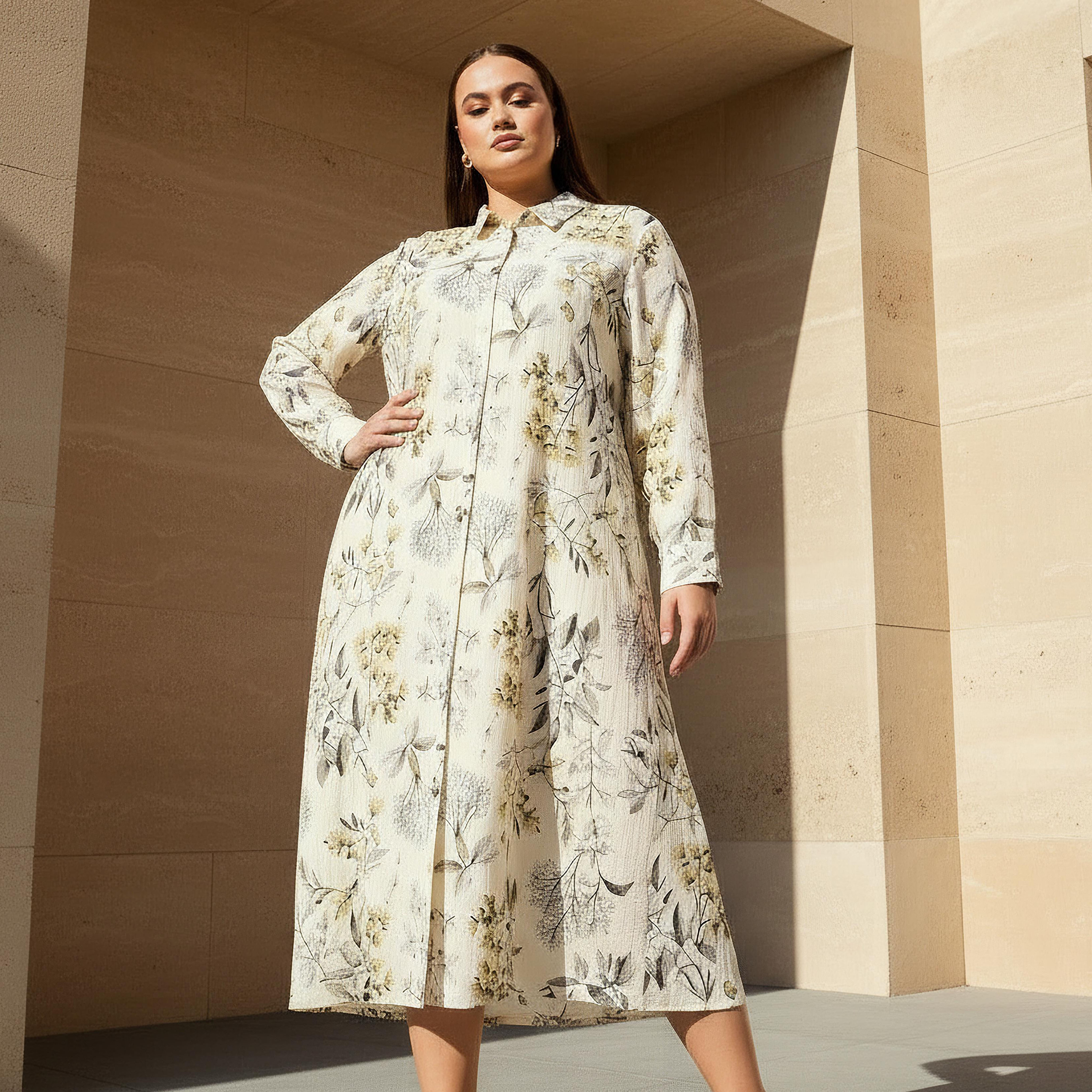 Ulla Popken Plus Size Floral Print Women Linen Blend Shirt Dress-women-clothing-dresses-image-1