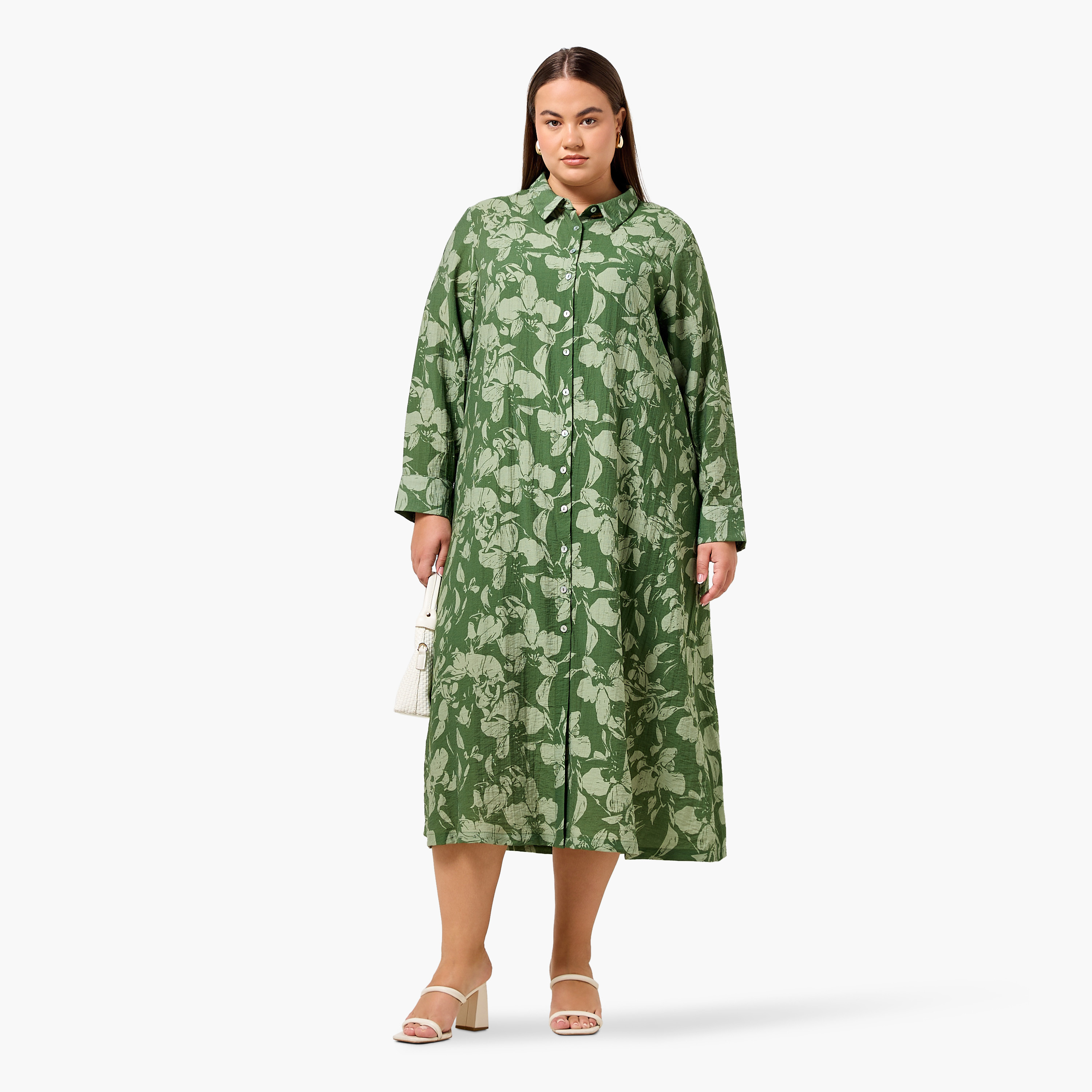 Ulla Popken Plus Size Floral Print Women Linen Blend Shirt Dress-women-clothing-dresses-image-2
