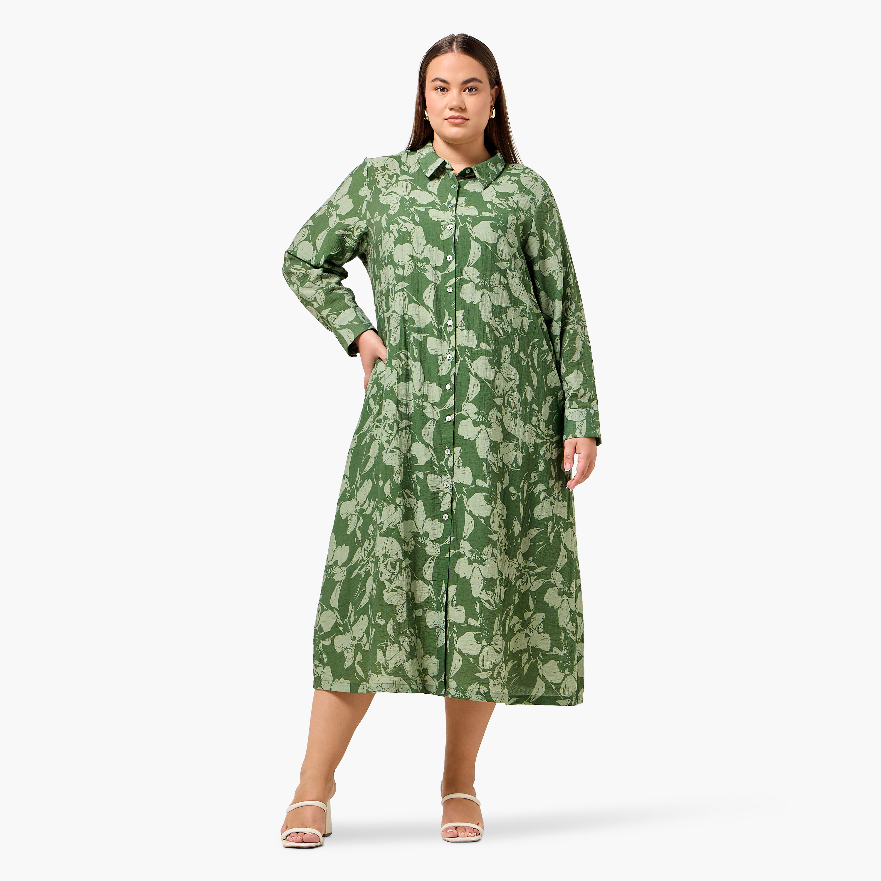 Ulla Popken Plus Size Floral Print Women Linen Blend Shirt Dress-women-clothing-dresses-image-4
