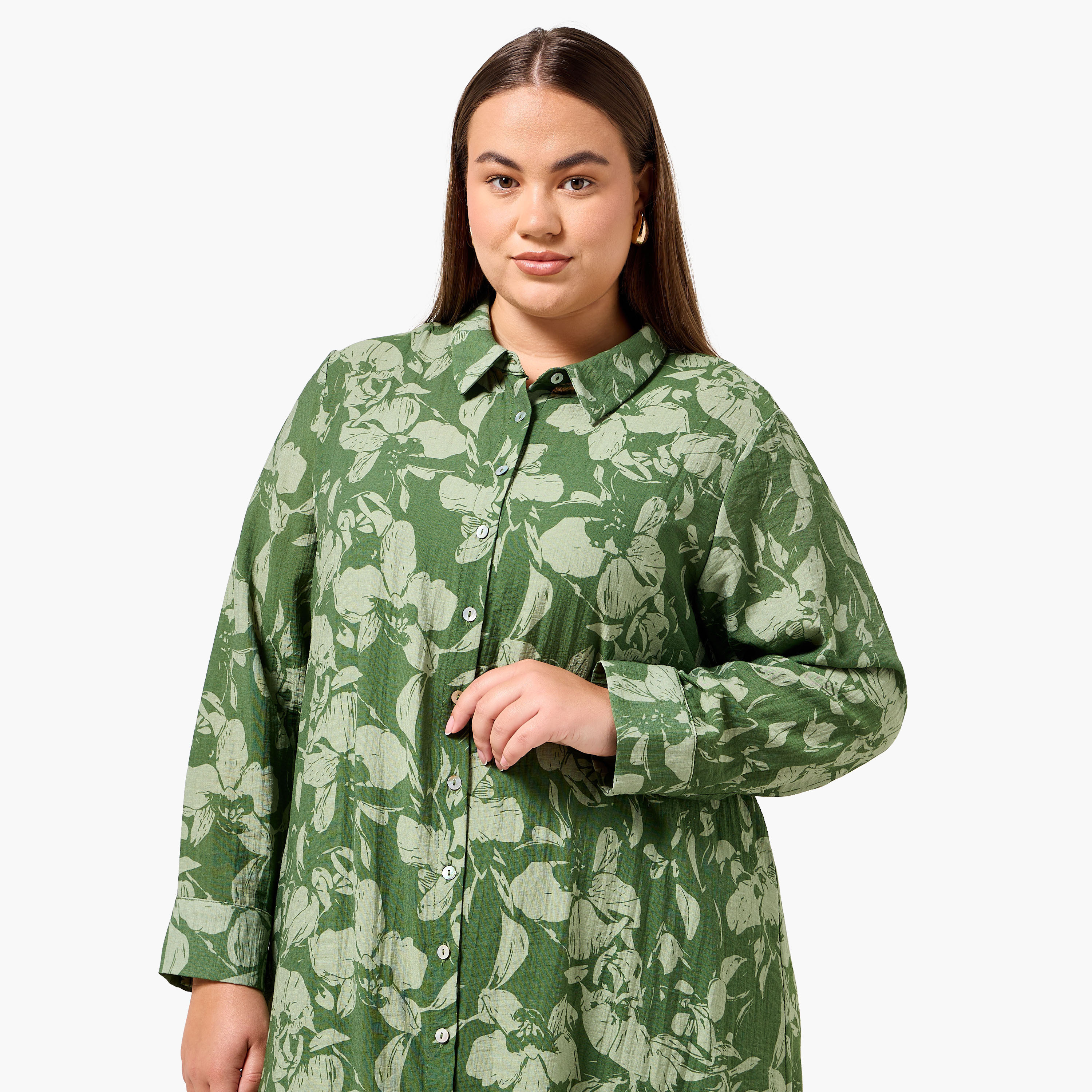Ulla Popken Plus Size Floral Print Women Linen Blend Shirt Dress-women-clothing-dresses-image-6