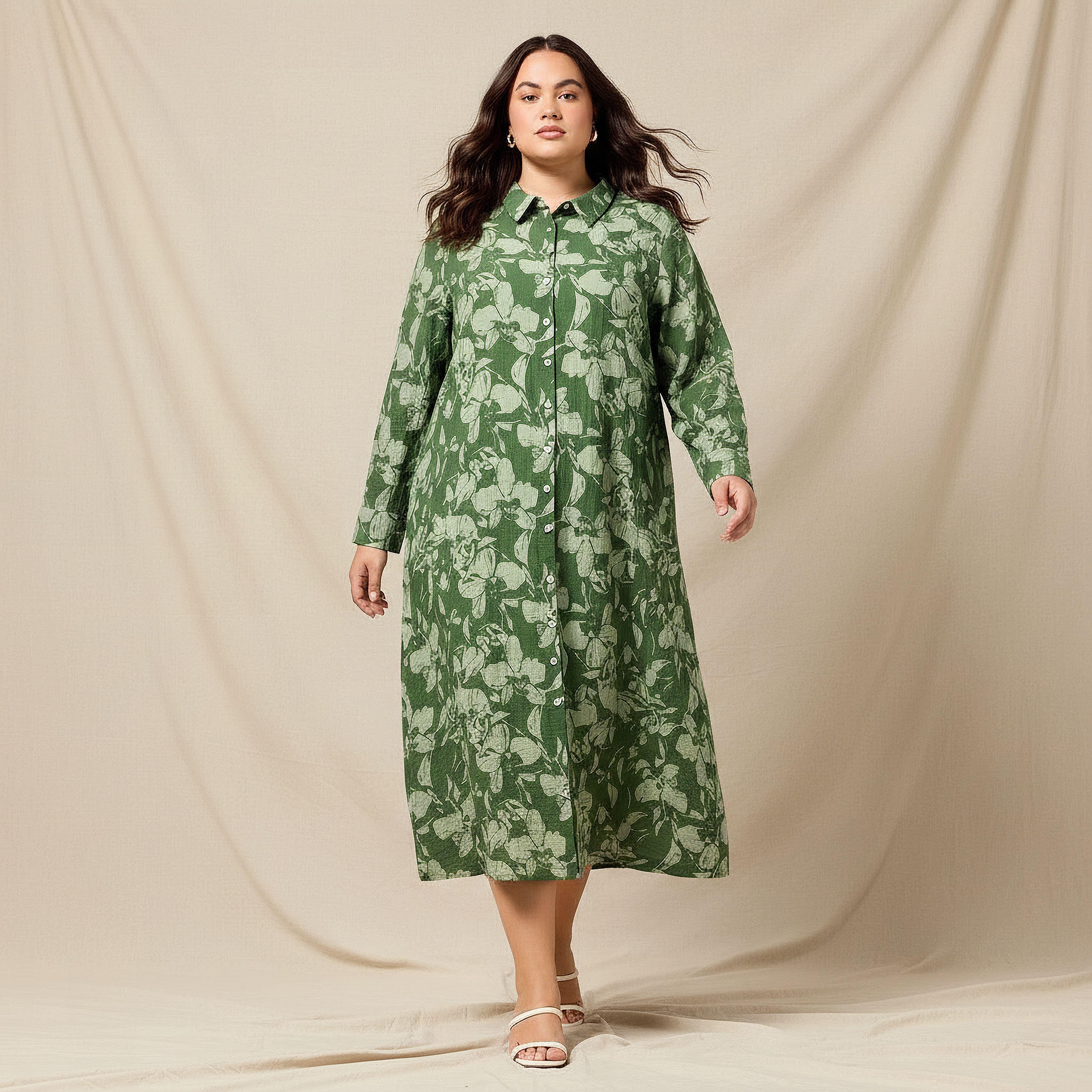 Ulla Popken Plus Size Floral Print Women Linen Blend Shirt Dress-women-clothing-dresses-image-1