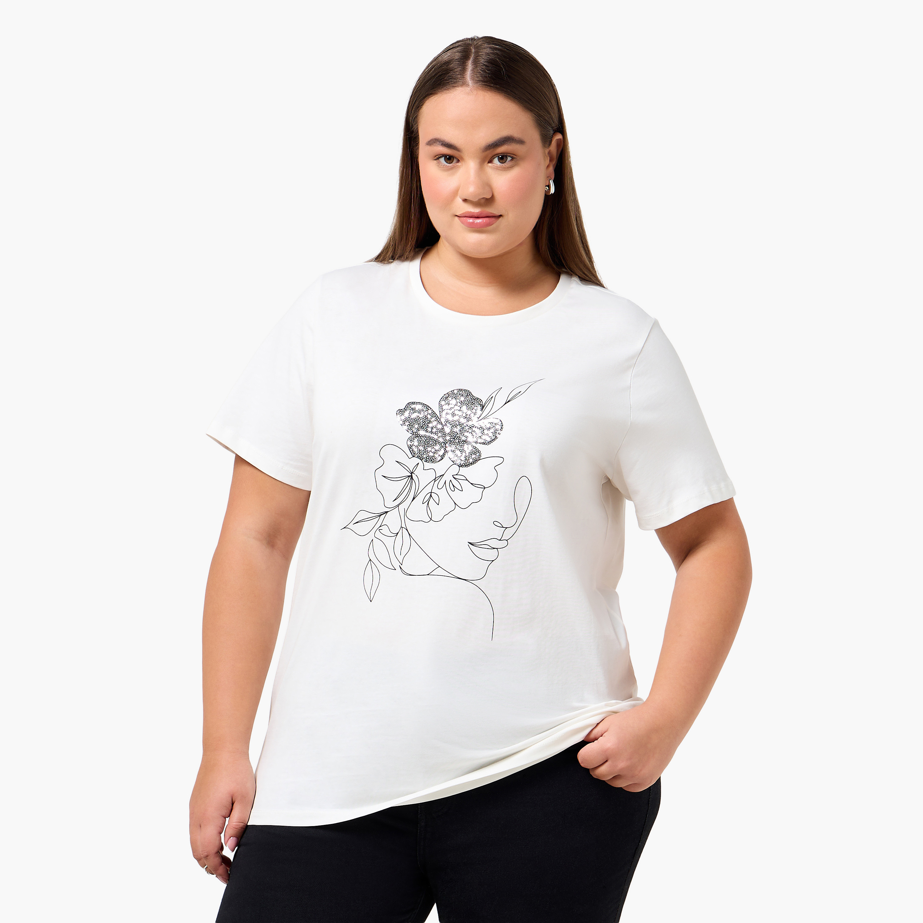 Ulla Popken Relaxed Fit Cotton T-shirt with Floral Print-women-clothing-tshirts-image-1