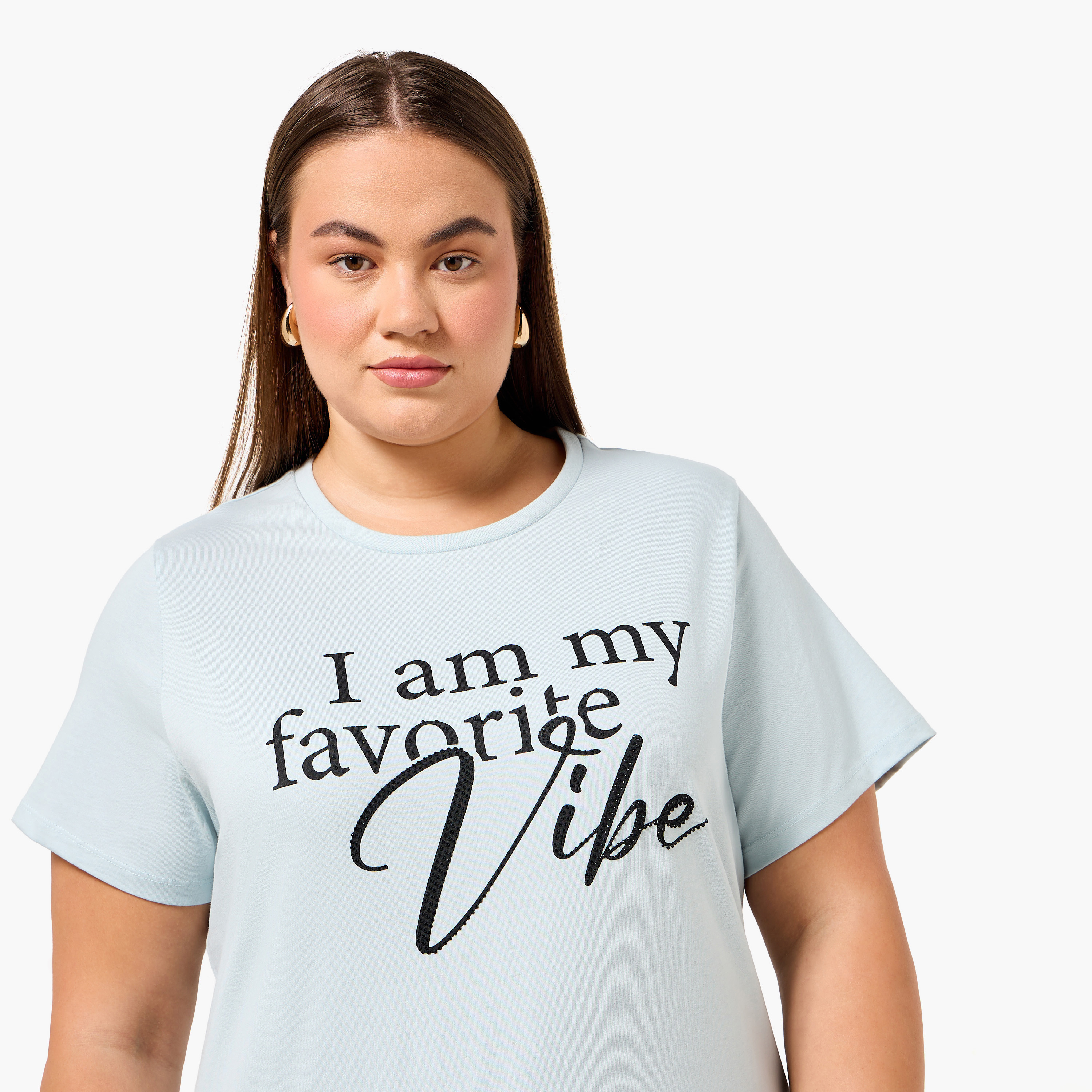 Ulla Popken Relaxed Fit Cotton T-shirt with Slogan Print-women-clothing-tshirts-image-5