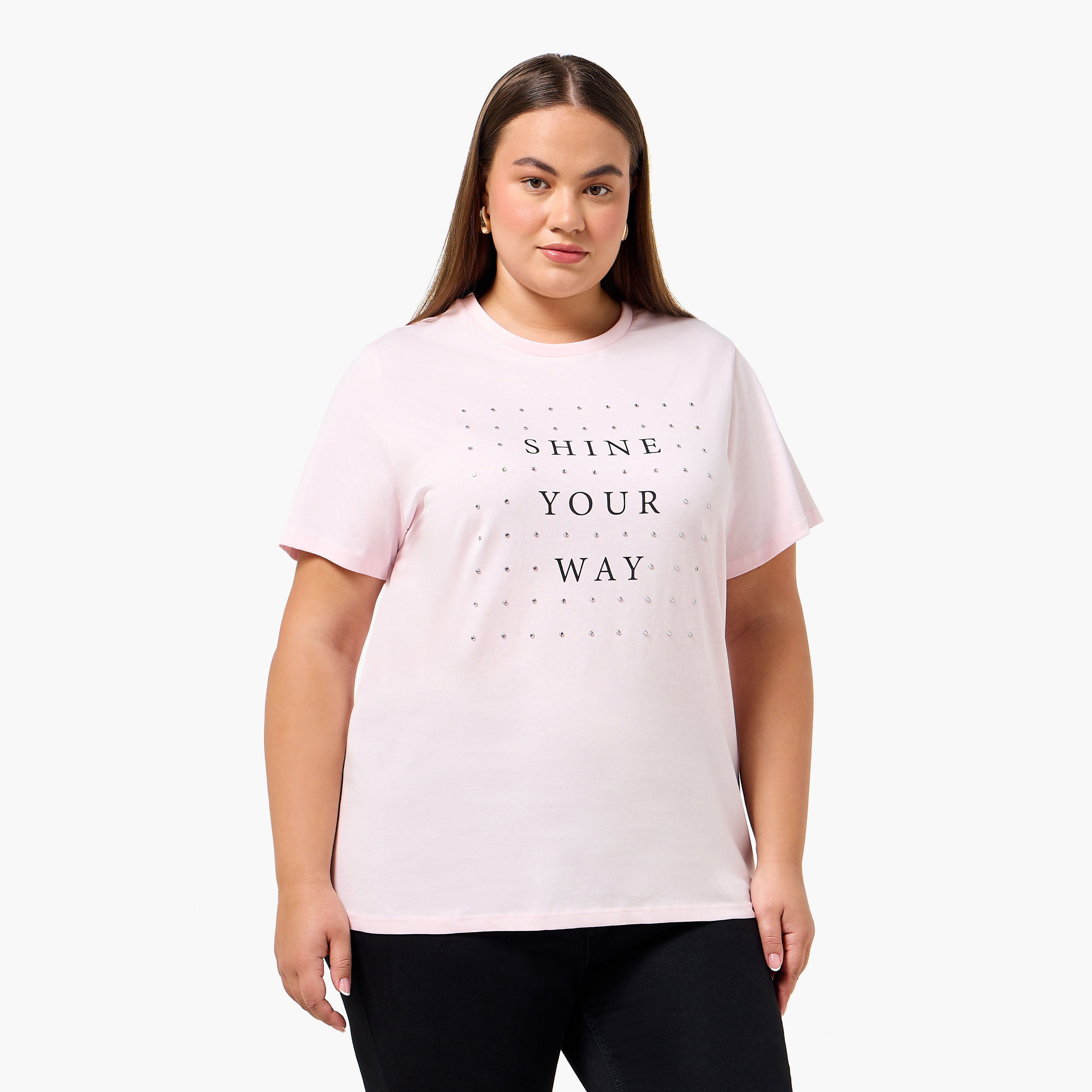 Ulla Popken Relaxed Fit Cotton T-shirt with Slogan Print-women-clothing-tshirts-image-1