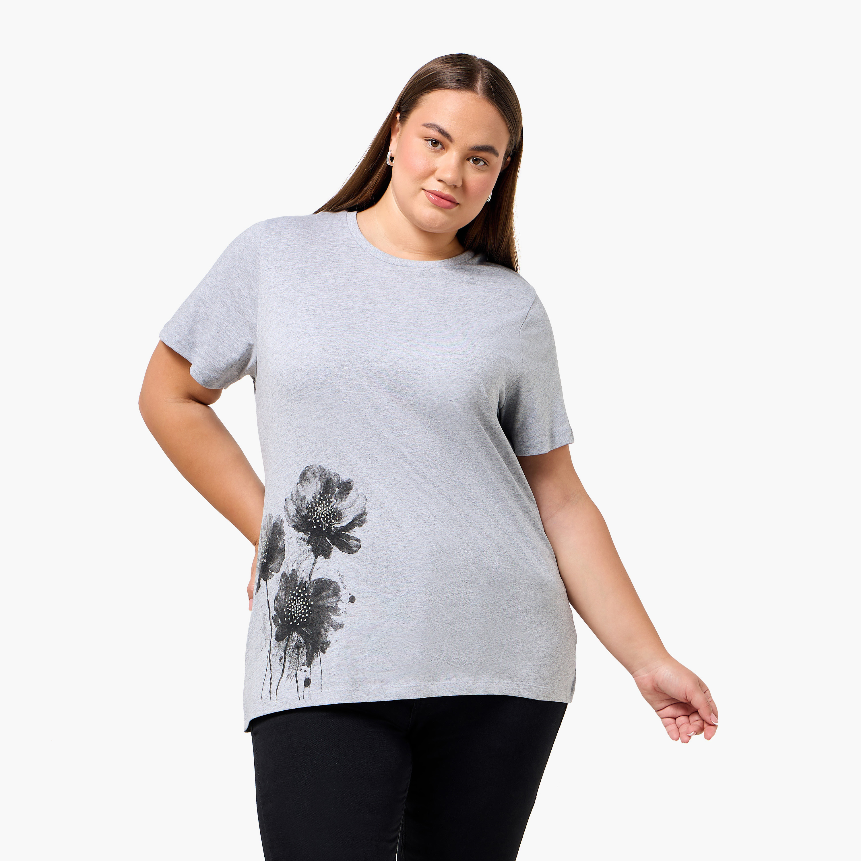 Ulla Popken Relaxed Fit Cotton T-shirt with Floral Print-women-clothing-tshirts-image-1