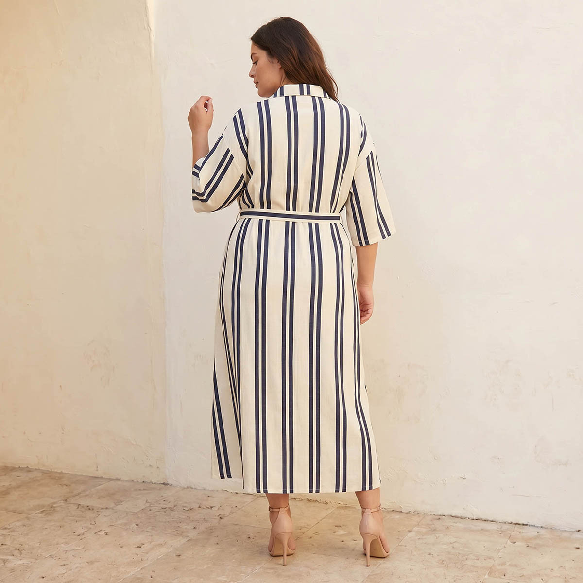 Ulla Popken Striped Women Shirt Dress with Tie-Up Belt-women-clothing-dresses-image-3