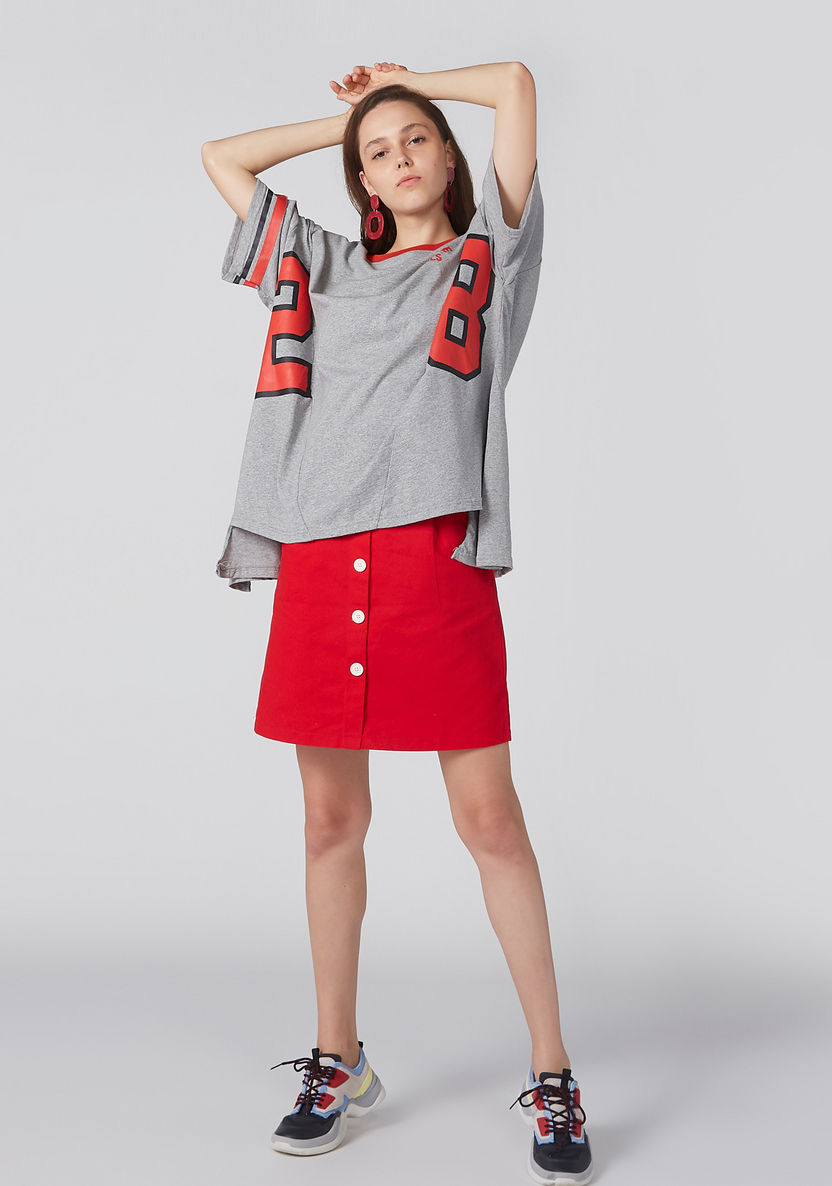Printed Oversized T-Shirt with Flared Sleeves and Round Neck-T Shirts-image-0