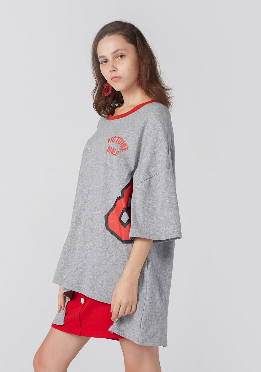 Printed Oversized T-Shirt with Flared Sleeves and Round Neck-T Shirts-image-2