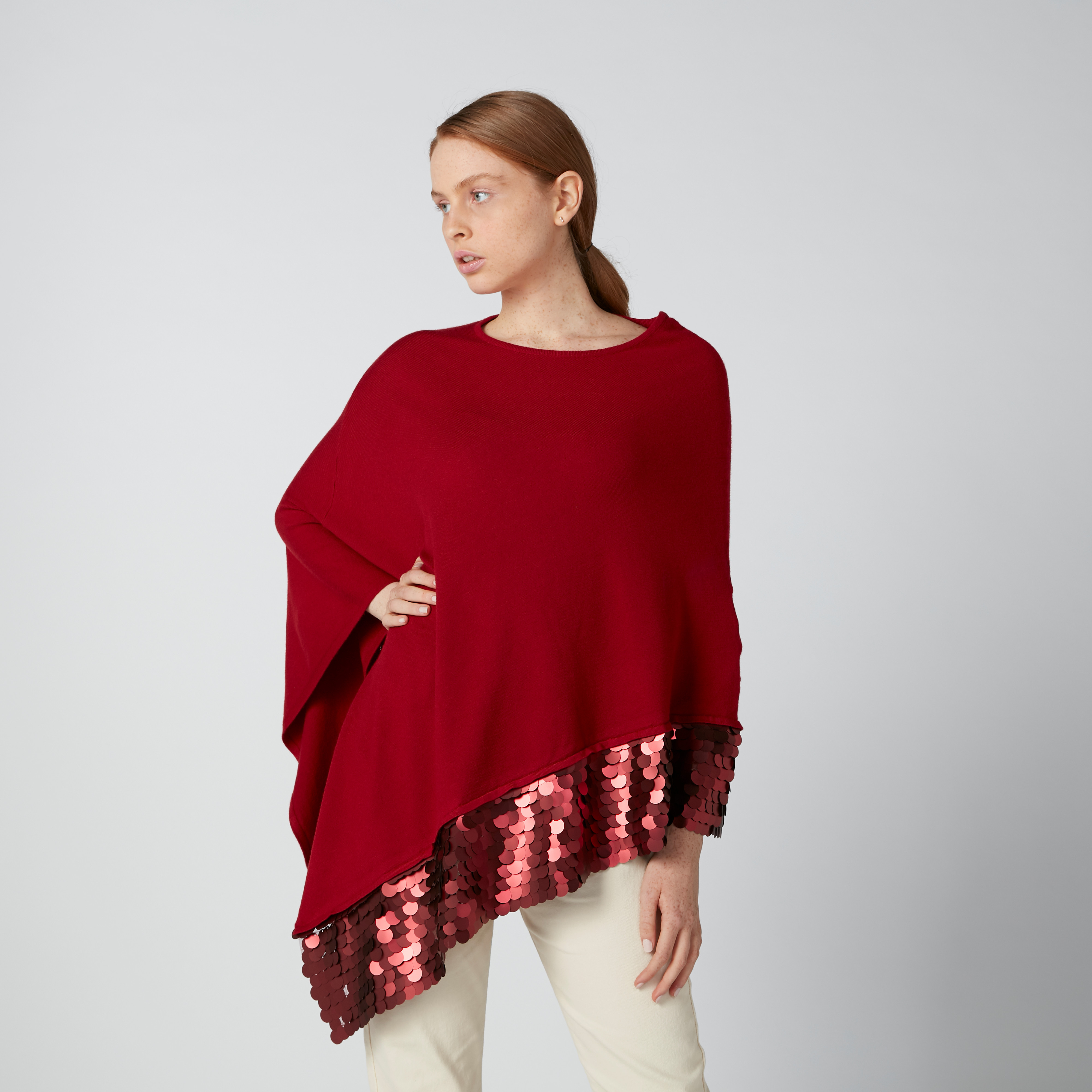 Sequin Detail Asymmetric Poncho with Boat Neck